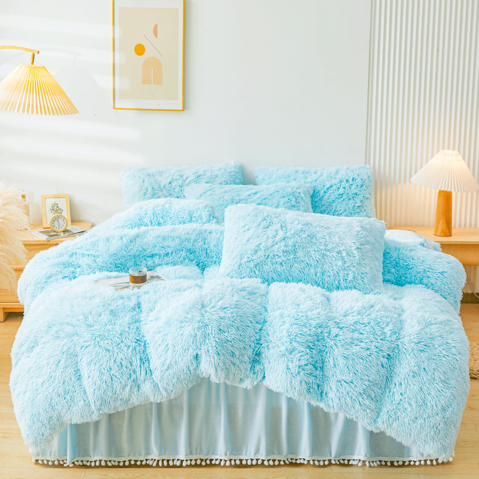 ERLOXO Fluffy Blue Faux Fur Comforter Cover Set，Fluffy Fuzzy Plush Bedding 3Pcs (1 Faux Fur Duvet Cover +2 Fuzzy Pillowcases) Fluffy Bed Set(Blue,
