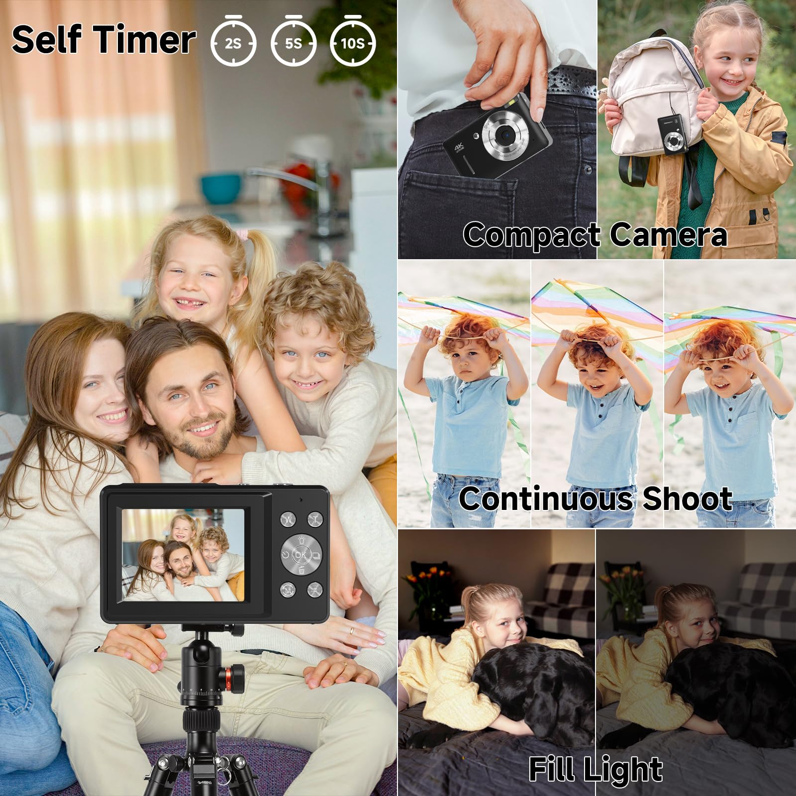 Cámara digital, cámara digital FHD 1080P para niños, cámara digital vintage con zoom de 16X, detección facial, captura de sonrisa, antivibración, cámara compacta de apuntar y disparar, cámara pequeña