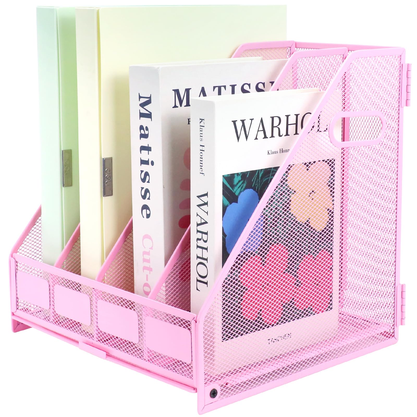 HIHOBDAY Desk Organizers Metal Desk Magazine File Holder Rack File Organizer for Office Desktop,Home Workspace,4 Vertical Compartments-Pink
