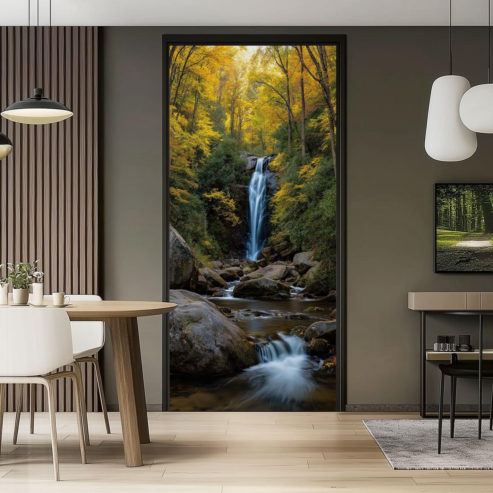 Samoprzylepna naklejka na drzwi, 95 x 215 cm, wodoodporna, do sypialni, dla chłopców, dziewcząt, do sypialni, lasu, wodospadu, skały, strumień, usuwalna tapeta, dekoracja, 2 szt