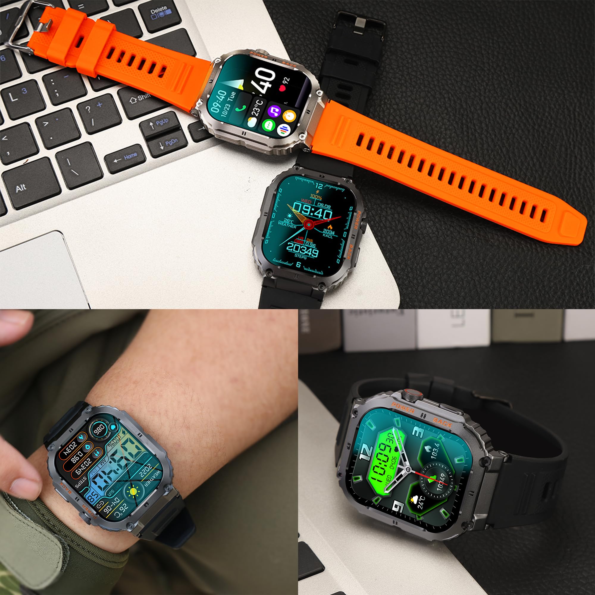 Montre Connectée Homme avec Appel Bluetooth 5.1/Numérotation, 1.96" Smartwatch avec 123 Sportifs Cardiofrequencemètre Moniteur de Sommeil, 3 Bracelets, Fitness Tracker pour Android iOS (Noir)