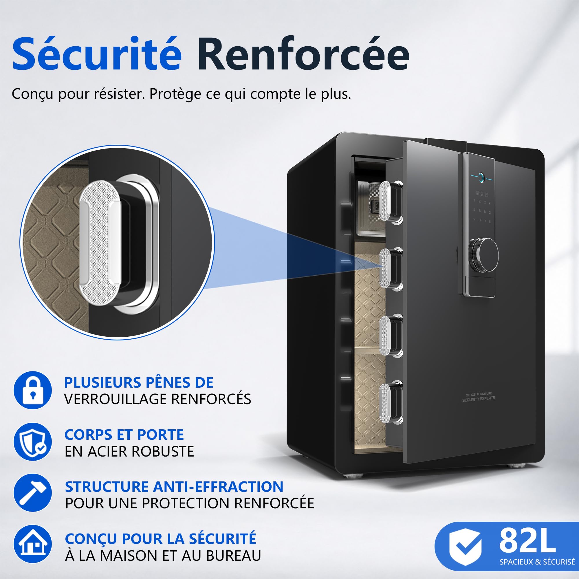 29KG Lourd Coffre Fort en Acier, 82L Coffre-fort Électronique avec Empreinte, Digitale Code et Clé, pour Maison et Bureau, Idéal pour Bijoux, Argent et Documents A4, Notice en Français (Blanc,84L)