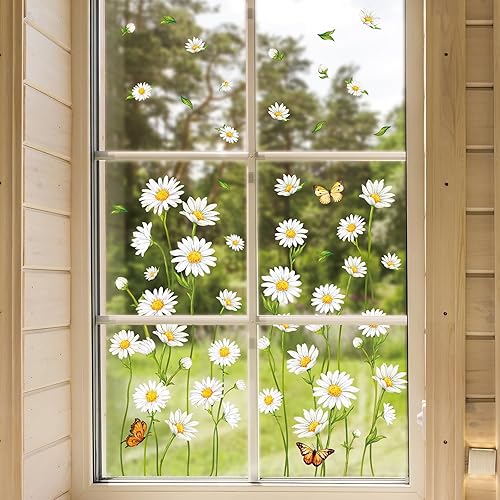 Miniatura 1 de JarThenaAMCS 123 calcomanías de ventana de margaritas de primavera y verano con diseño floral de mariposa para ventana, calcomanías de vidrio de