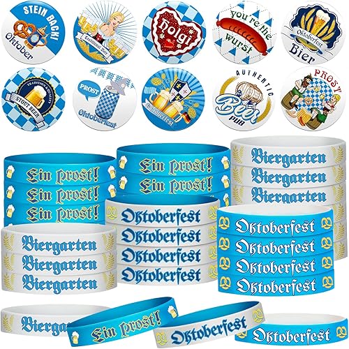 Juego de 60 piezas de decoración de Oktoberfest, incluye 30 botones de Oktoberfest, insignias de estilo bávaro y 30 pulseras de goma para tema