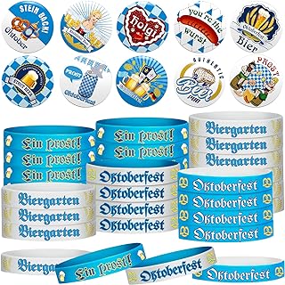 60 Pieces Oktoberfest Decorations Set, Include 30 Oktoberfest Buttons Pins Bavarian Style Badges and 30 Rubber Bracelets for German Theme Oktoberfest Bavarian Beer Festival Party Favors Supplies