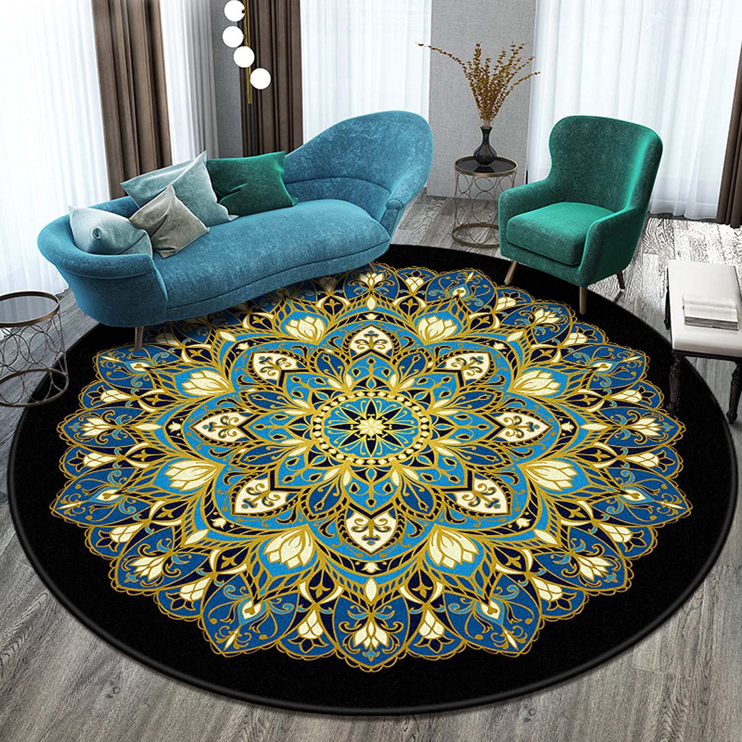 Dhao Tapis Rond Mandala Motif Bohême Moderne pour Salon Chambre à Coucher Cuisine Lavable Grands Antidérapant Tapis Diamètre: 160 cm