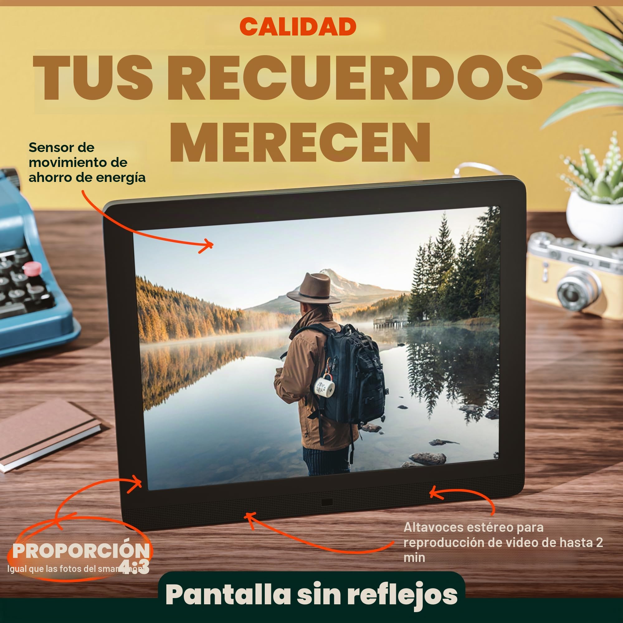 Pix-Star Marco de Fotos Digital WiFi de 15 Pulgadas con Almacenamiento en la Nube Gratuito | Muy regalable para Abuelos | Pantalla IPS | Sensor de Movimiento | Fácil configuración