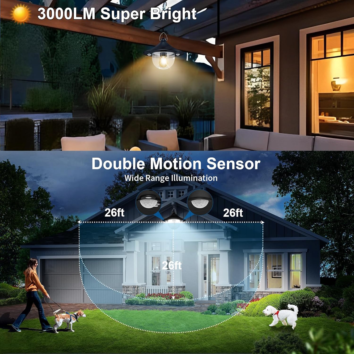 Auzev Solar Shed Light Indoor Outdoor Pendant Lights Solar Powered with 2 Motion Sensor, Waterproof Solar Hanging Lamp for Porch, Inside Home, Farmhouse, Gazebo, Chicken Coop, Daytime Available