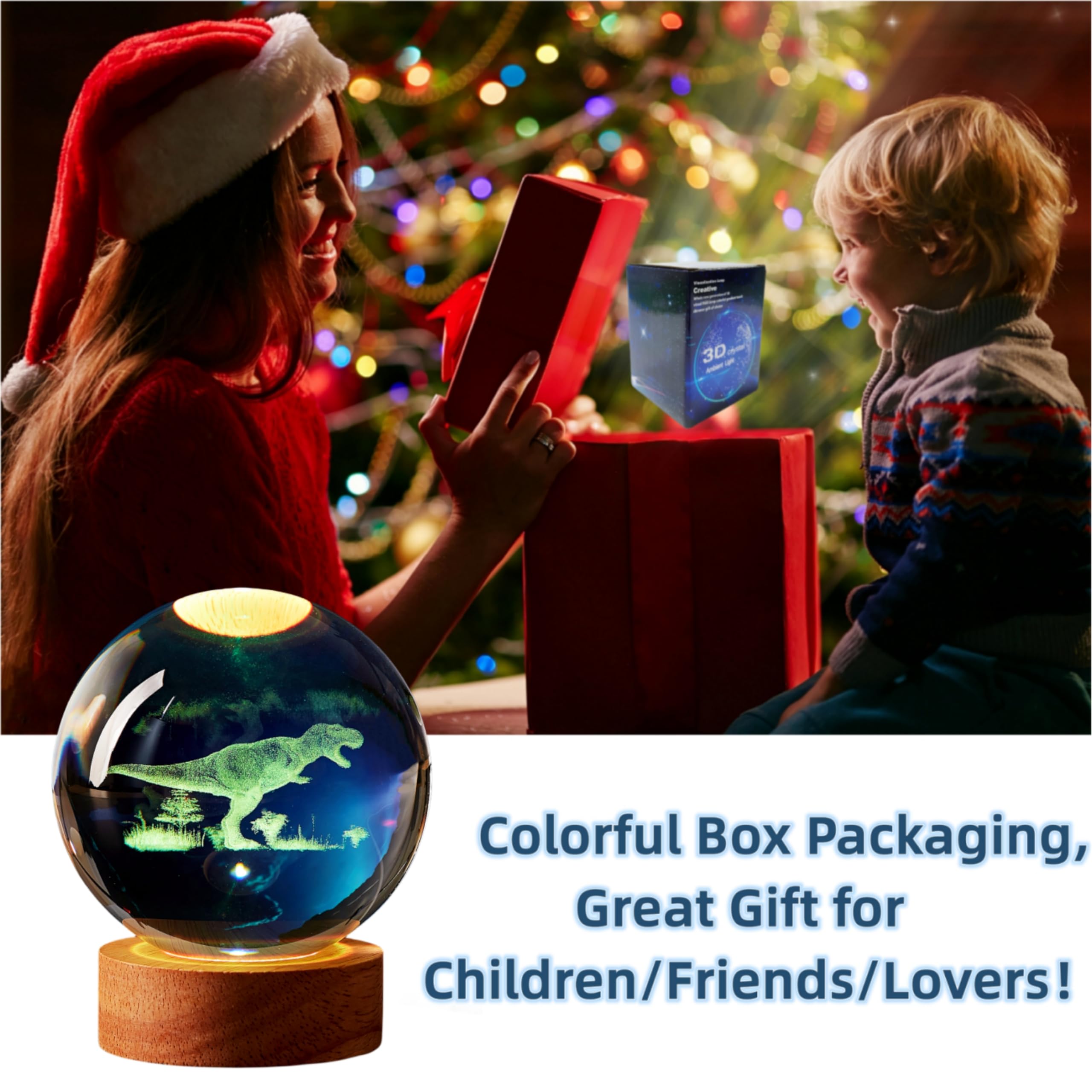 Lampada a sfera di cristallo a forma di dinosauro, 3D K9 T-Rex, alimentazione USB da 8 cm, 16 colori che cambiano, telecomando, luce notturna con base in legno, confezione regalo