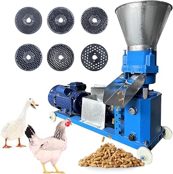 110V Pellet Mill Machine 3 Rollers Pellet Maker Machine 2.5/3/4/5/6/8mm | for Poultry Livestock Farm Animal, with Air Switch, Splash Plate, 220-440 lb/h, 5.5KW 60HZ