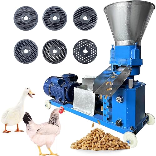 Feed Pellet Mill Machine 3 Rollers, 110V Pellet Maker Machine for Poultry Livestock Farm Animal 2.5/3/4/5/6/8mm Grinding Discs, Air Switch, Splash Plate, 220-440 lb/h, 5.5KW 60HZ