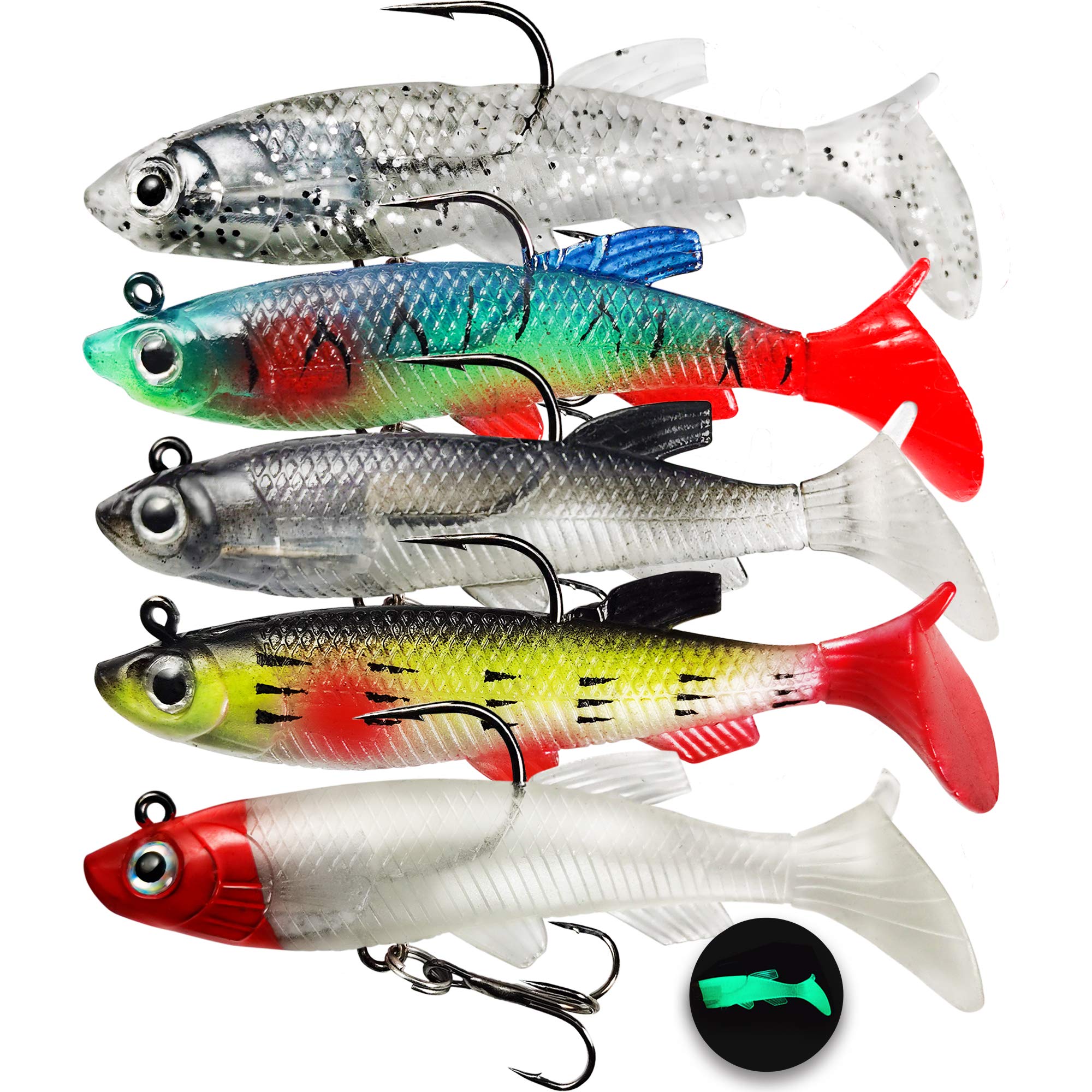 VMSIXVM Soft Fishing Lures Shad Minnow Swimbaits, Pre-Rigged Jig Heads Paddle Tail Swim Baits for Bass, Trout, Walleye, Crappie, Sinking Jigs Bait for