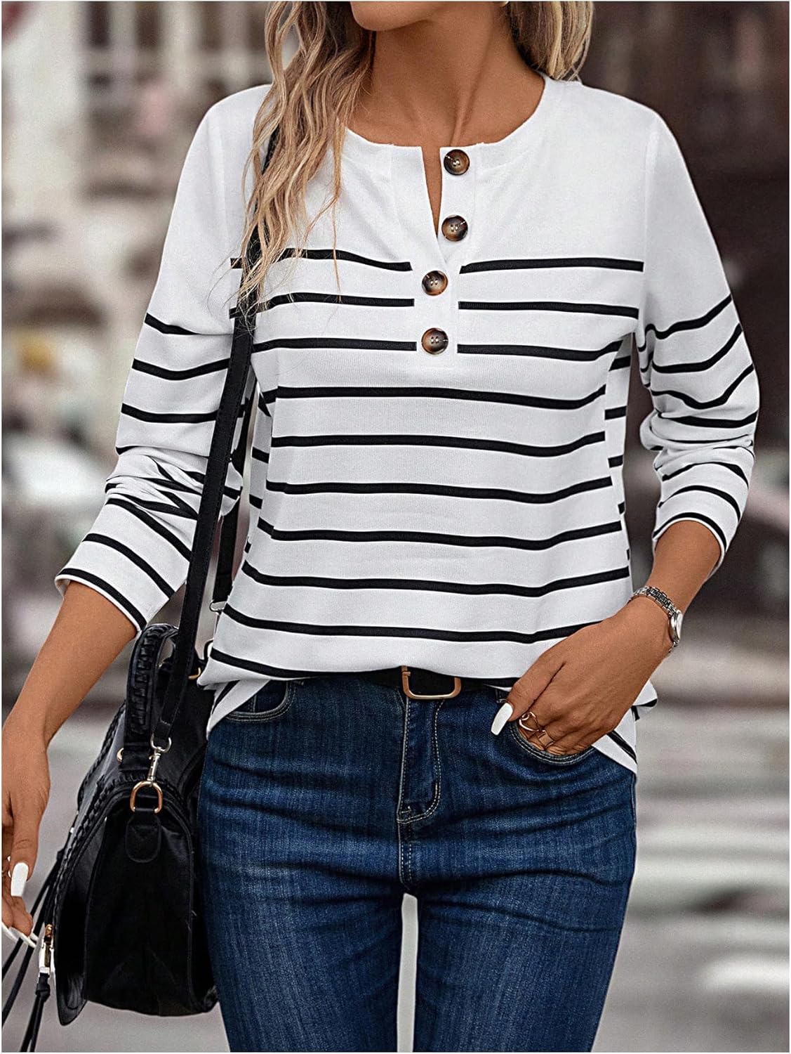 SweatyRocks Women's Striped Long Sleeve Tops Casual Crew Neck Button Front T Shirts Fall Outfits - Image 4