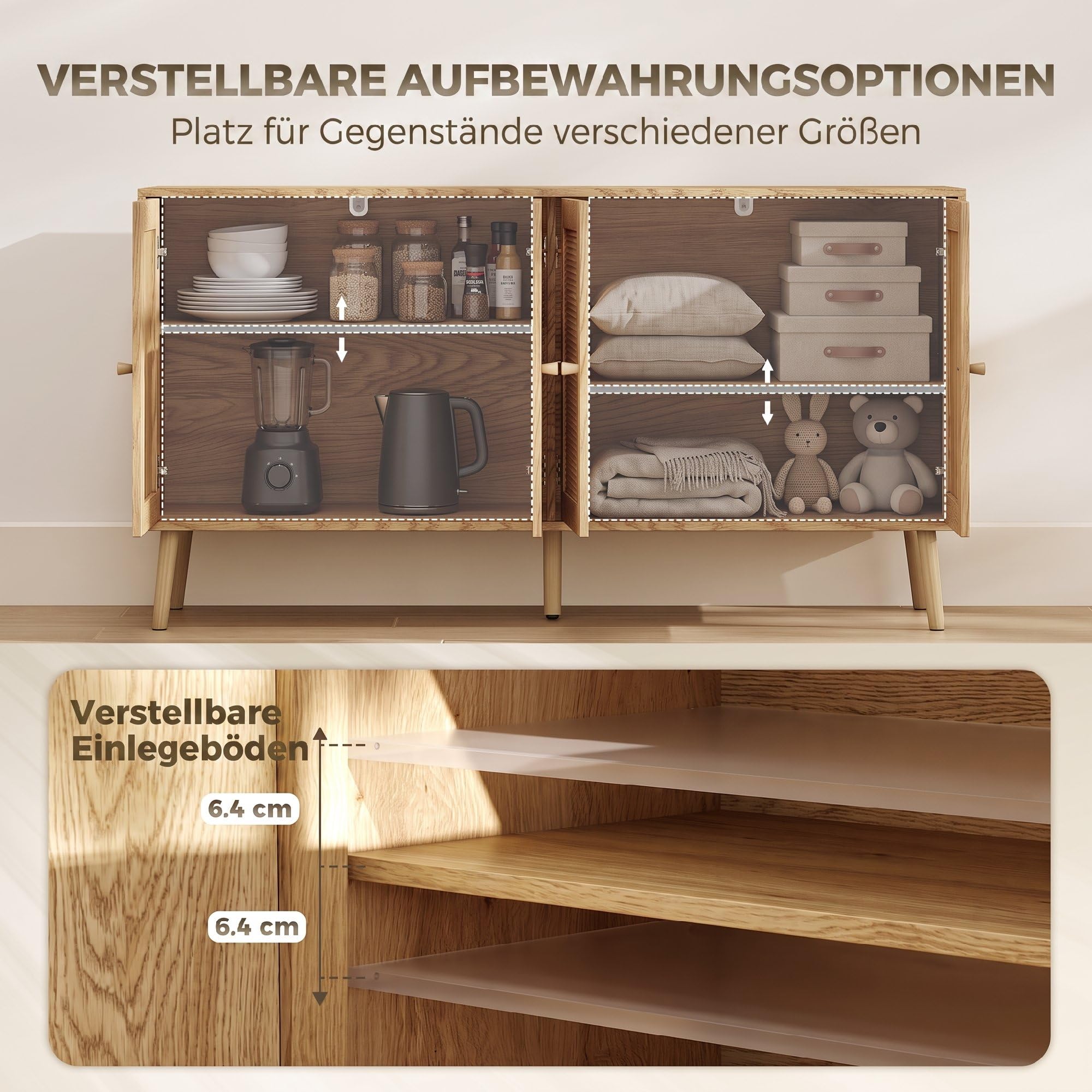 HOMCOM Sideboard Küchenschrank mit 4 Soft-Close-Türen 140x40x75 cm Natur