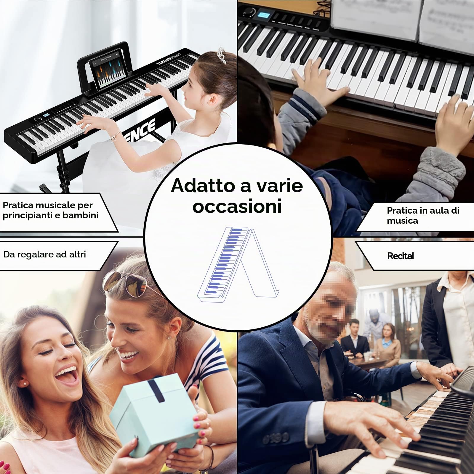 TERENCE Pieghevole Pianoforte Digitale 88 Tasti semi-pesati con batteria da 1750 mAh Bluetooth e interfaccia MIDI, supporto per spartiti Borsa adesiva Cavo audio con Pedale di sostegno (X88D)
