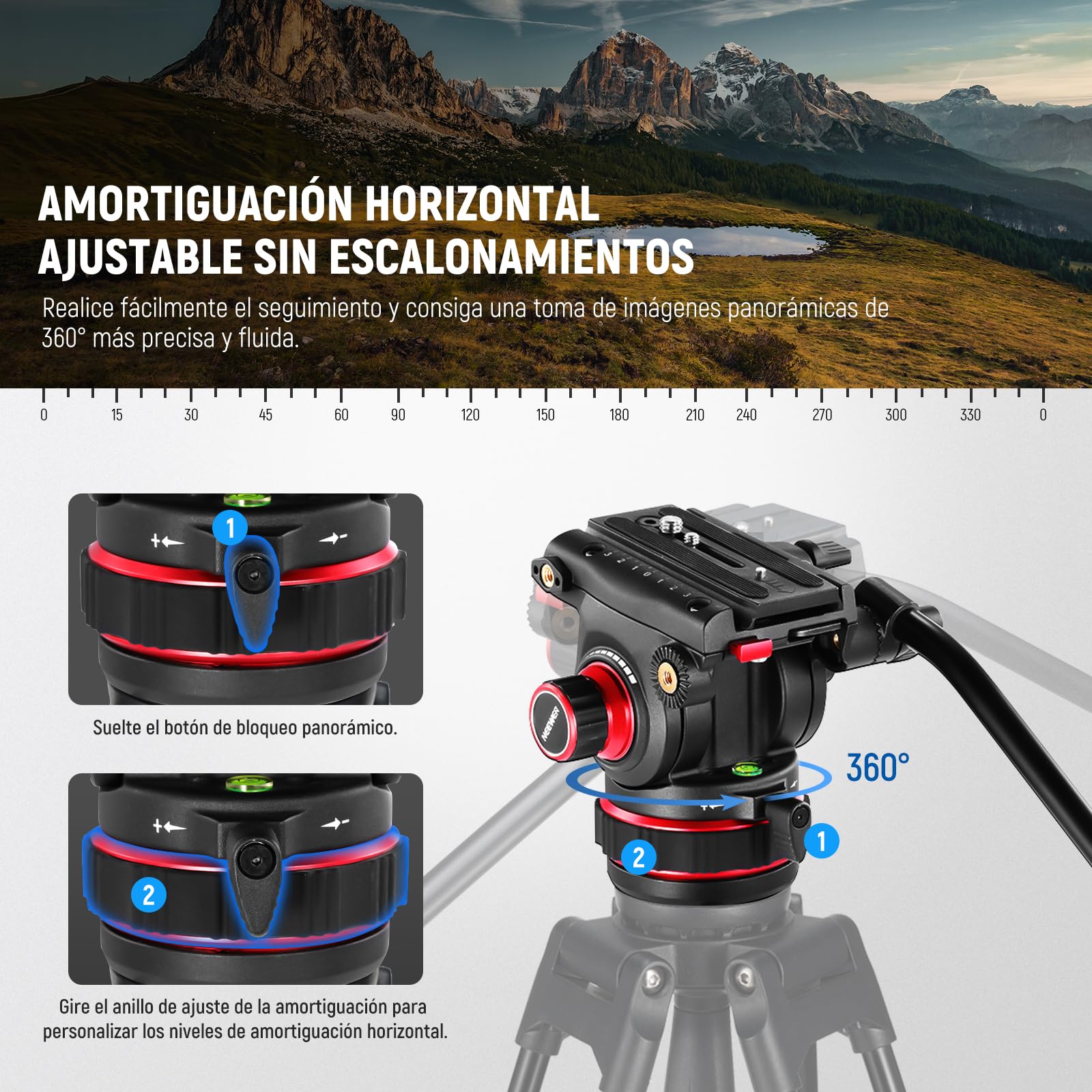 NEEWER Cabezal Fluido para Trípode de Video Resistente con Amortiguación, Placa de Liberación Rápida, Compatible con dji RS Gimbals, Mango Ajustable, Base de ⌀75mm, Carga Máxima 10kg, GM006
