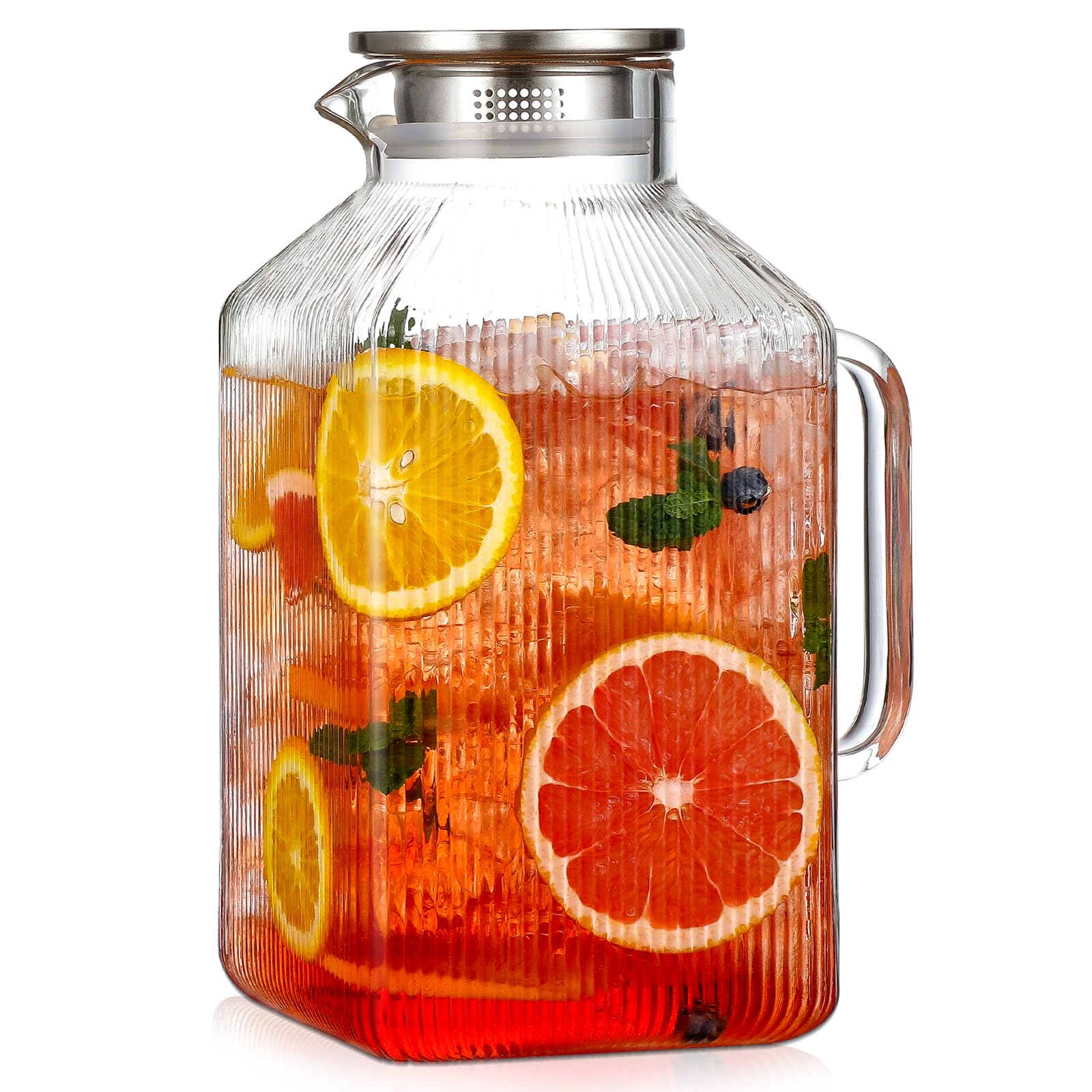 Photo 1 of 1 Gallon thickened Square Glass Pitcher with Lid, Classic Stripes Water Pitchers for Fridge, Borosilicate Glass Carafe for Hot/Cold Brew Drink, Extra Large Jug with Handle for Iced Tea, Coffee, Juice