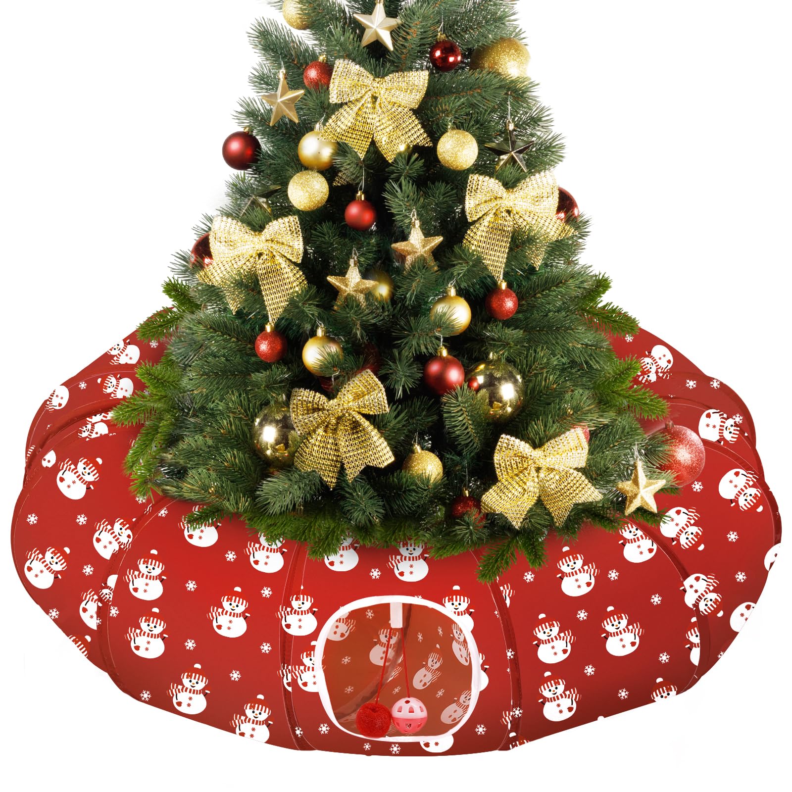 Pawaboo Letto a Tunnel per Gatti Sotto l'Albero di Natale, 35,4" Tunnel Giocattolo per Gatti a Cerchio con Palla, Tunnel Decorativo Natalizio Pieghevole a Tubo per Gattini (Pupazzo di Neve Rosso)