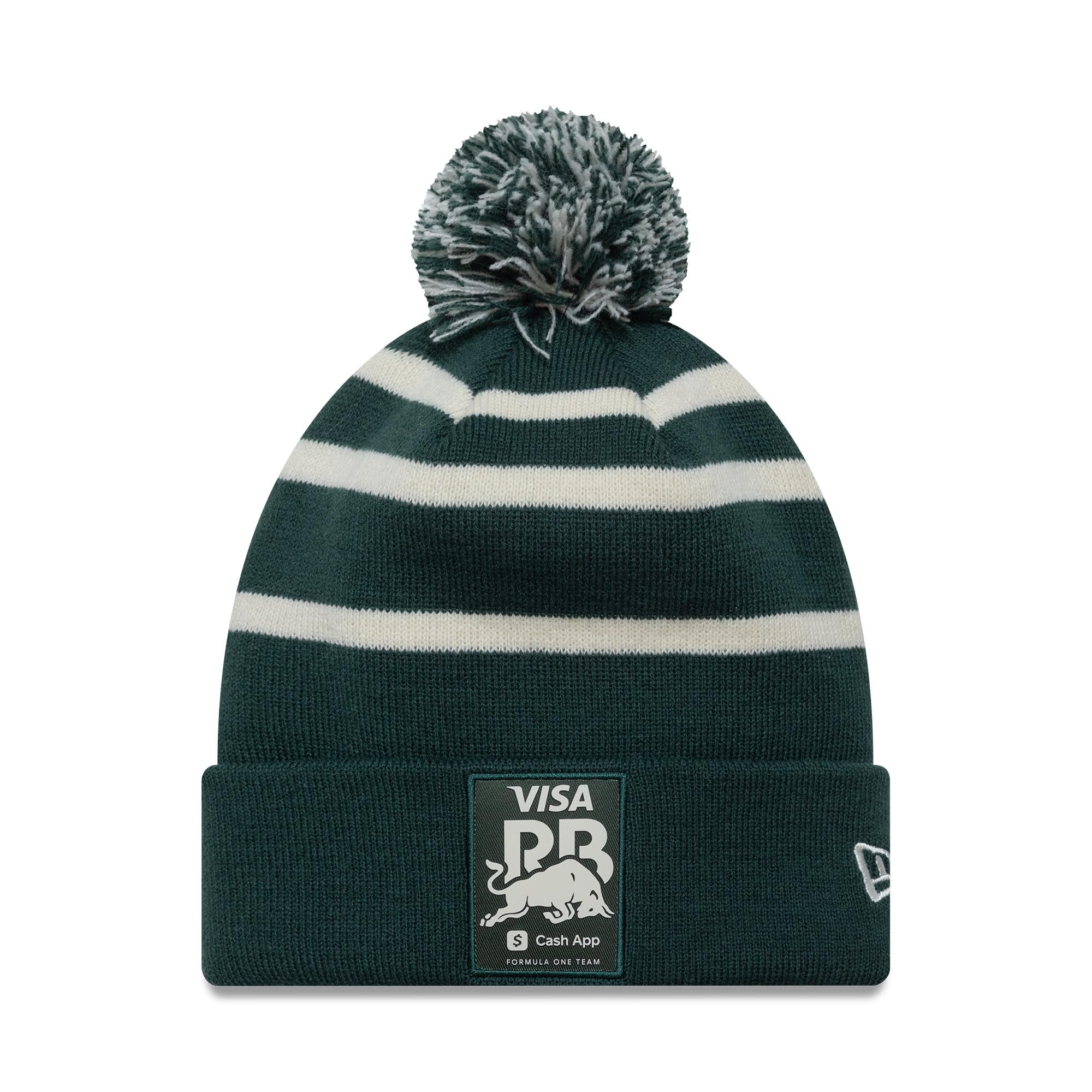 New Era Visa Cash App Racing Bulls F1 Team, Official 2025 Merchandise, Sports Stripe, Bobble Beanie Hat, Green, White