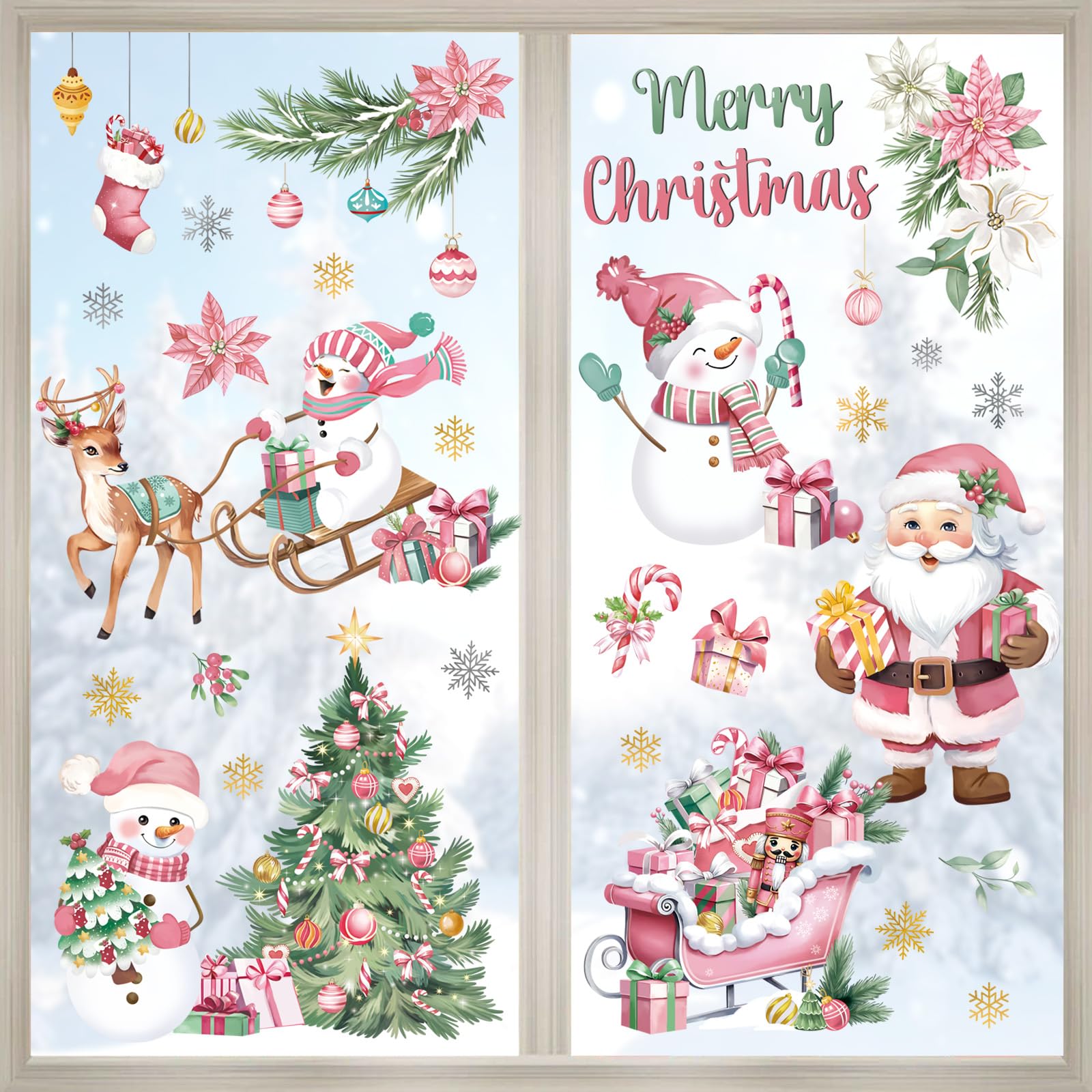decalmile Christmas Pink Snowman Santa Claus Window Clings Reusable Reindeer Xmas Tree Elk Window Decals Double Side Printed Window Stickers Glass Home Party Supplies Gift Shop Decoration - Image 3