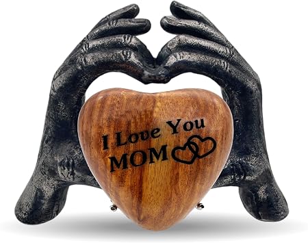 Wooden Heart Keepsake MOM Urn with Premium Display Hand Stand Engraved with I Love You MOM