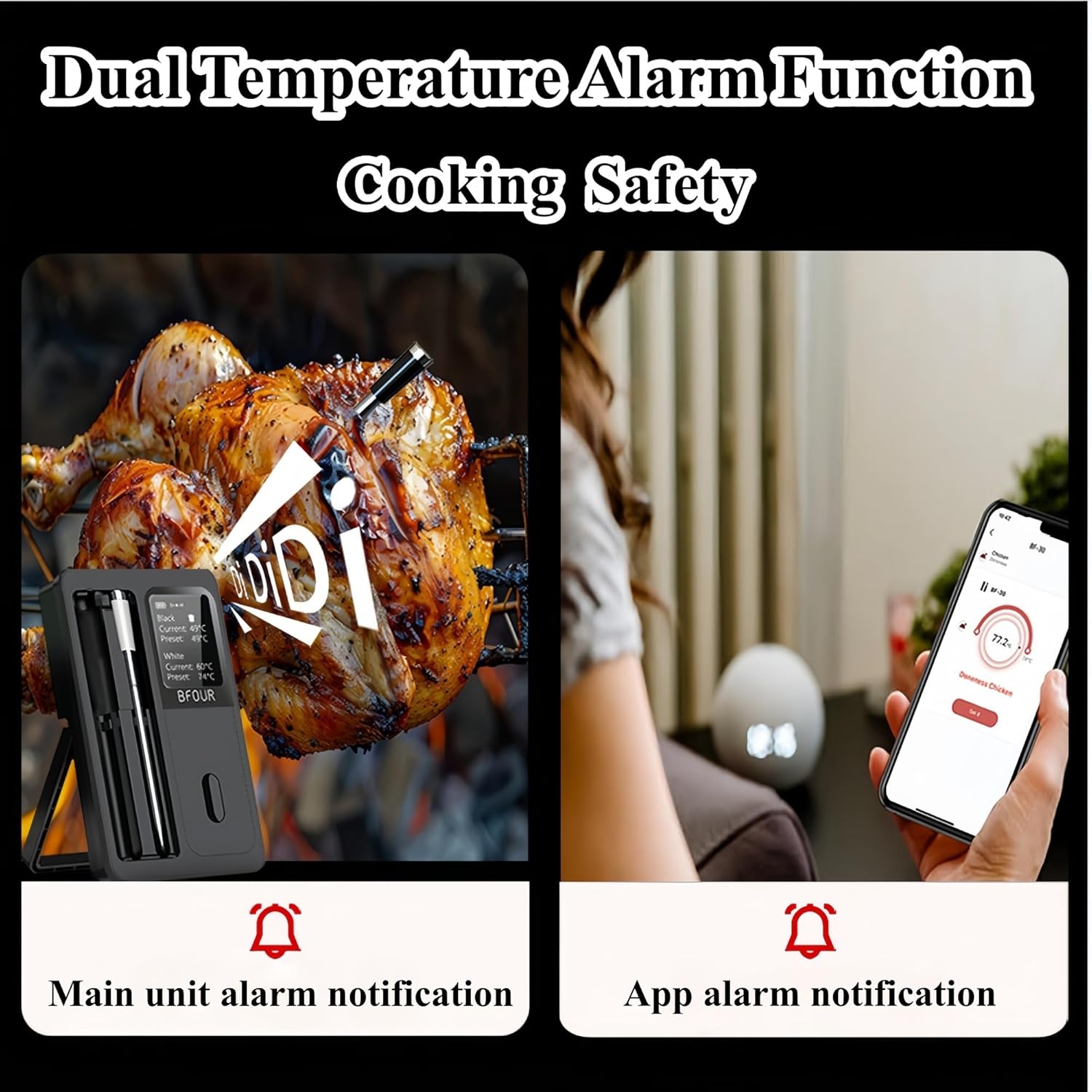 Wireless Bluetooth Meat Thermometer with Display,Dual Probe Fast Read Digital Cooking Thermometer, App-Controlled Meat Temp Sensor for BBQ Grill,Smoker,Oven, Air Fryer,Outdoor&Kitchen Cooking