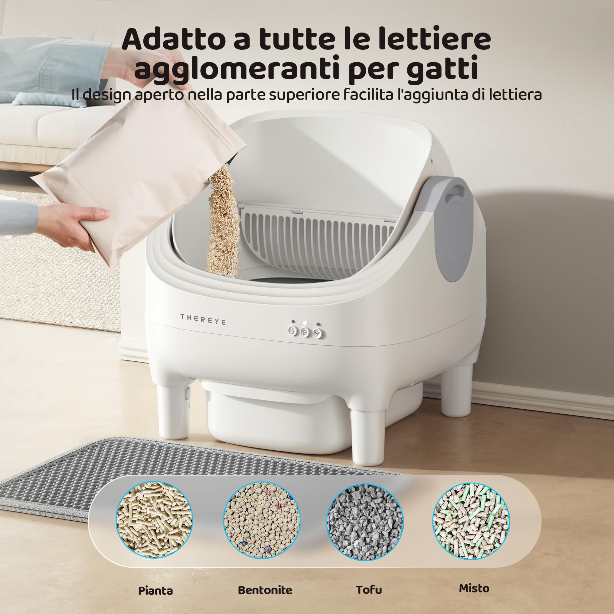 Thereye Lettiera Gatto Autopulente, Lettiera Automatica Per Gatti con Controllo App, Sensore di Sicurezza, Anti-Odore, Contenitore per Rifiuti da 10 L, per Gatto di Grandi/Più Gatti (3-30lb)