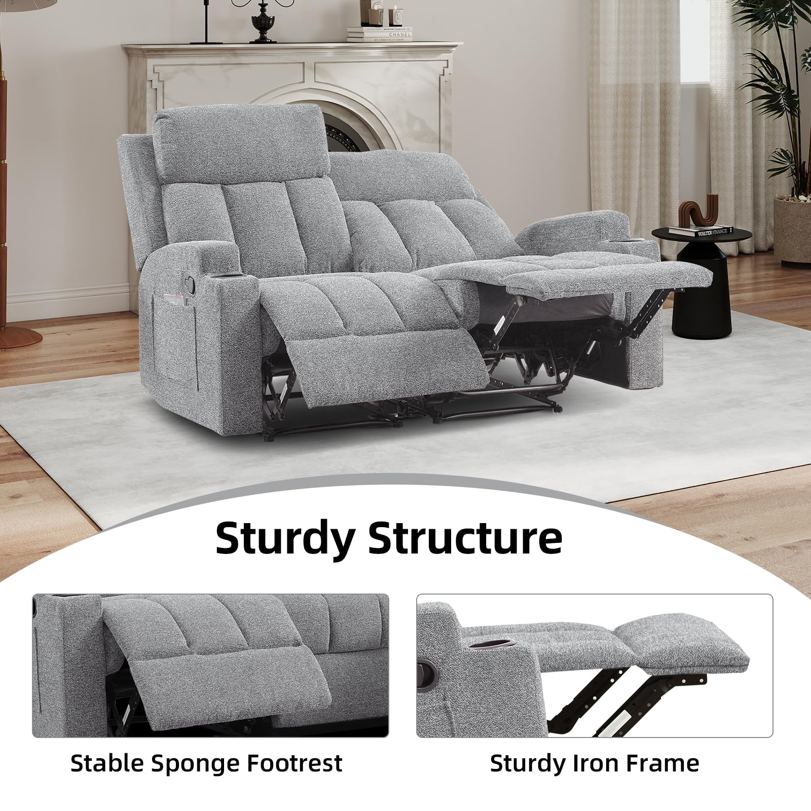 CANMOV Manual Recliner Sofa Set, Fabric Reclining Sofa Chair with Side Pockets and Cup Holders, Living Room Set Includes 3 Seate&Loveseat for Bedroom, Meeting Room, Home Theater, Light Grey view 4