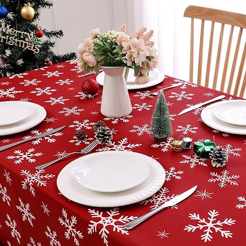 Miniatura 7 de Mantel de Navidad con copos de nieve, 59 x 82 pulgadas, color rojo terileno, impermeable para mesas rectangulares, almacenamiento y transporte