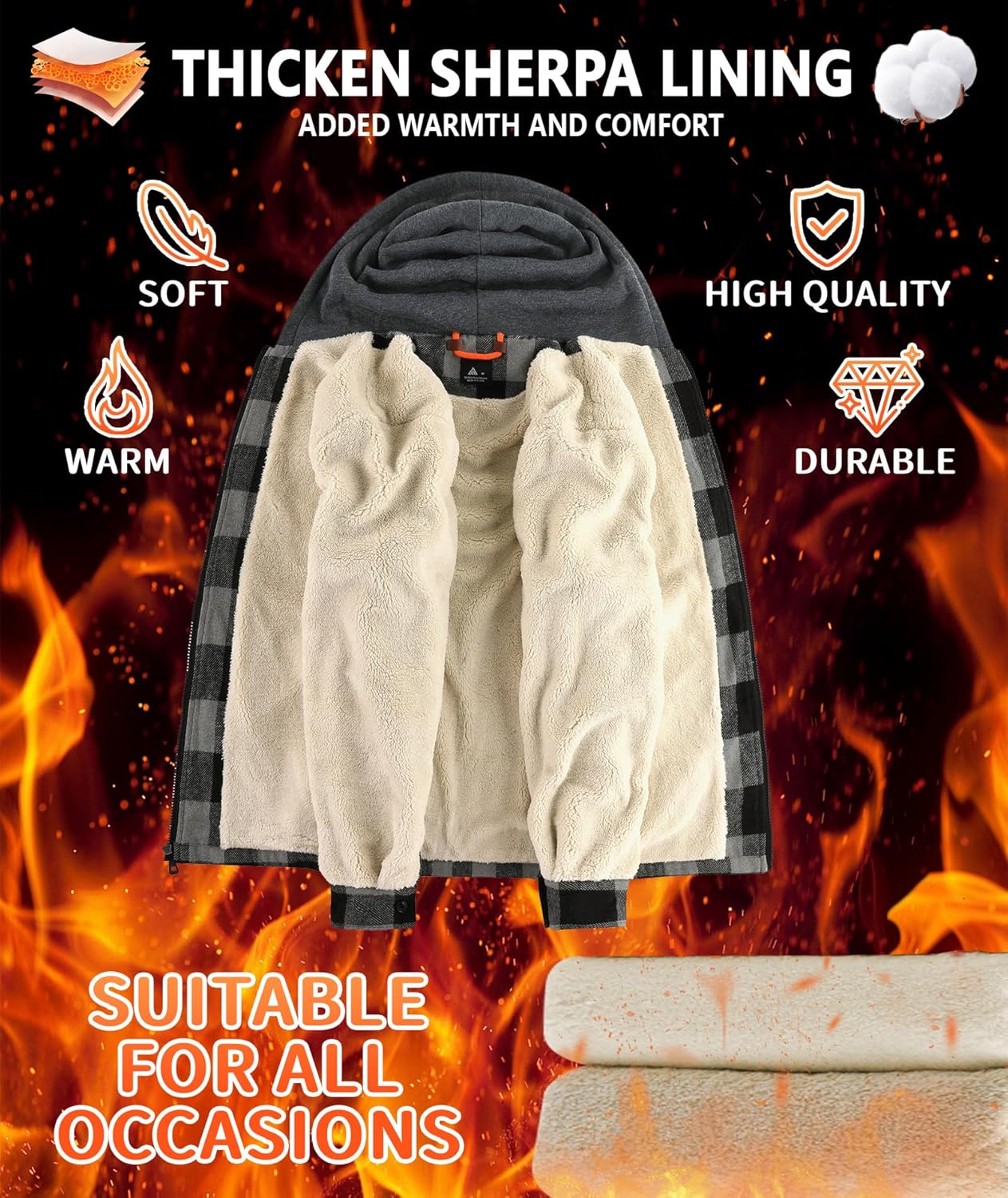 Men's Flannel Jacket Vintage Plaid Zip Up Sherpa Lined Fleece Coat Warm Winter Work Jackets with Hood - Image 5