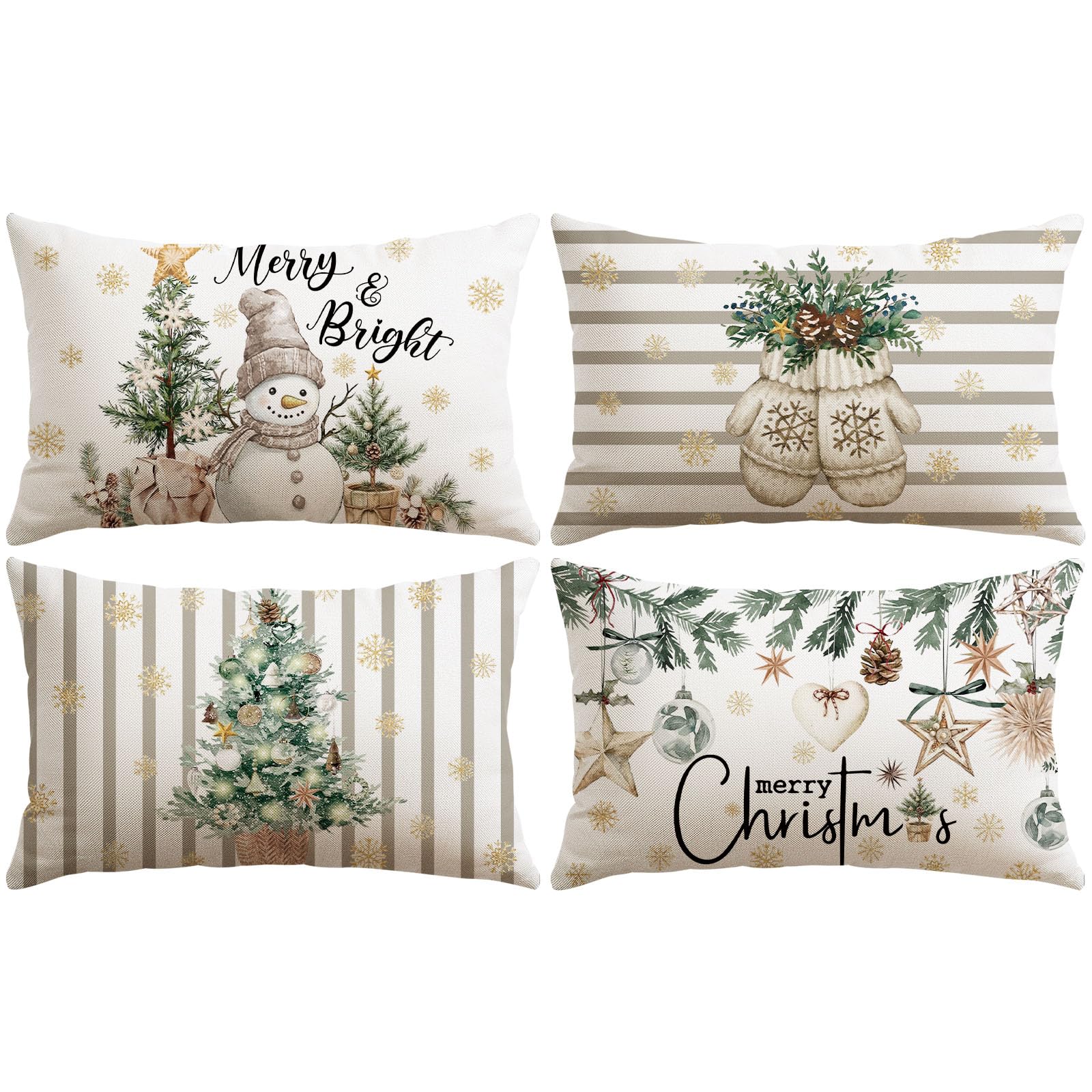 Sungeek Christmas Cushion Covers 30x50 cm Set of 4, Xmas Trees Merry & Bright Snowman Gloves Grey Striped Decorative Pillow Covers Winter Holiday Throw Pillow Cases for Sofa Couch Bedroom Living Room