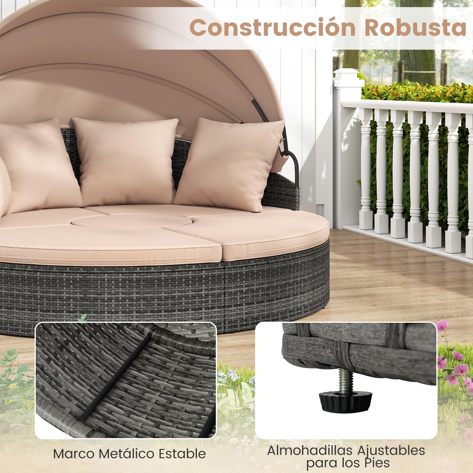 COSTWAY Cama Balinesa Exterior Jardin, Redondo con Dosel Retráctil, Tumbona Isla de Ratán, Cojines Suaves, Conjunto Jardin Terraza Balcon Piscina Exterior, 172 x 180 x 141 cm (Beige)