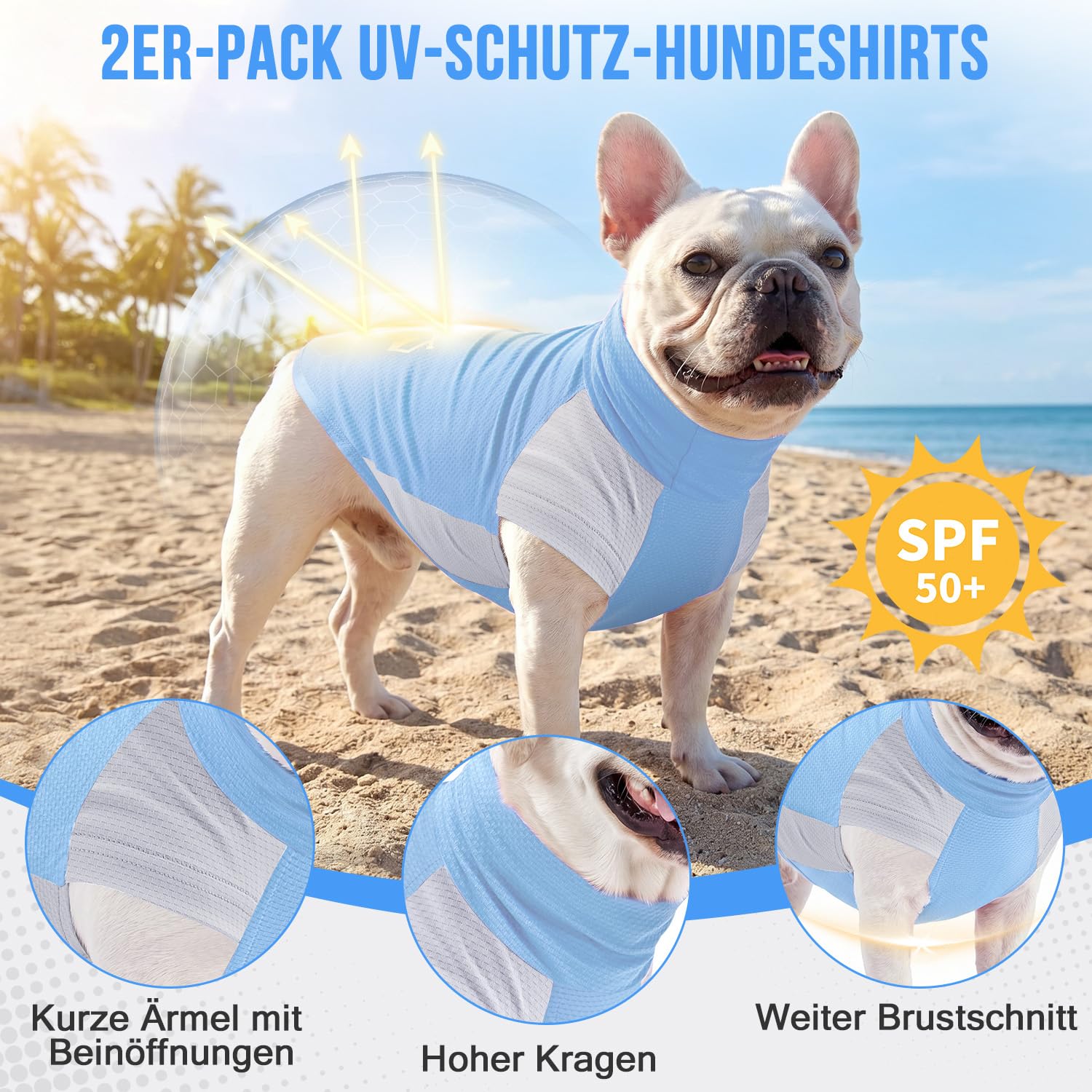 Eyein 2er-Pack Sonnenschutzshirt für Hunde UPF 50+ UV-Schutz, Atmungsaktive Leichte Sommer Sonnenschutz Hundeshirt mit hohem Kragen und Ärmeln - reflektierend & elastisches (Grün+Blau, 2XL)