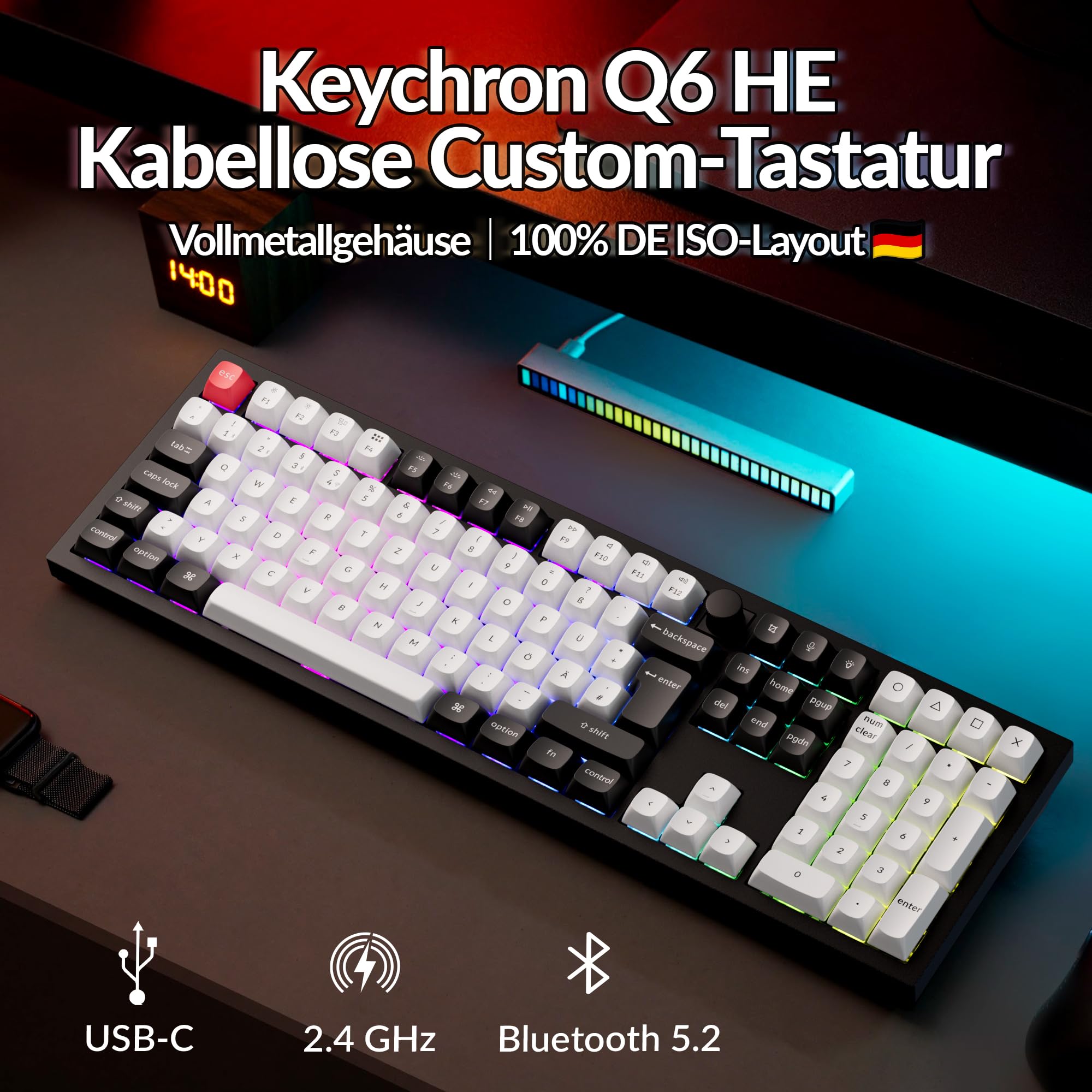 Keychron Q6 HE kabellose Custom-Tastatur, 100% ISO-DE-Layout, 2,4 GHz/Bluetooth 5.2, Vollmetallgehäuse, programmierbar mit QMK/Launcher, Gateron Double-Rail Magnetic Switches, für Mac/Windows, Schwarz