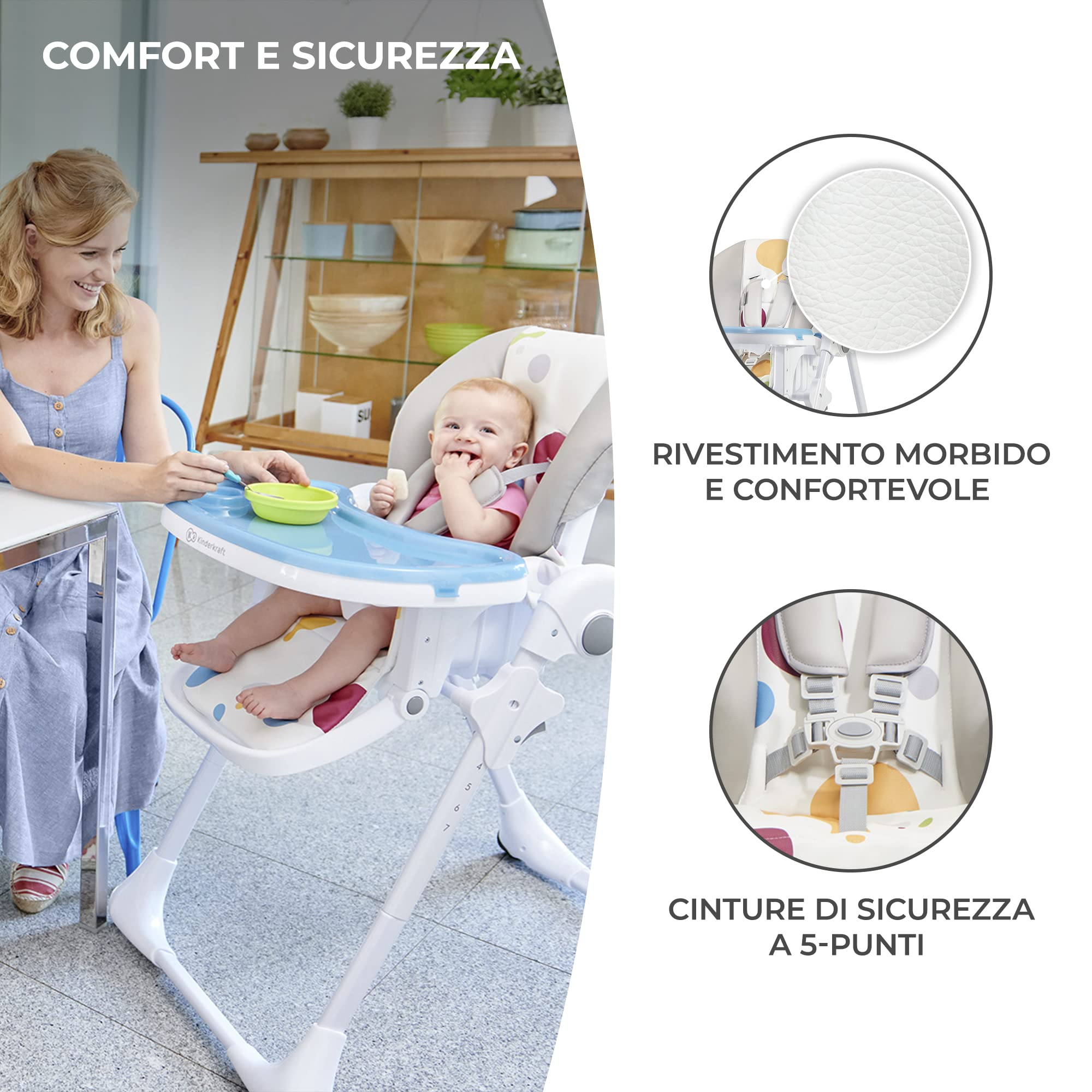 Kinderkraft YUMMY Seggiolone Pappa, Regolabile, Pieghevole, Ripiano Smontabile, Bambini da 6 Mesi fino a 3 Anni, Multicolore