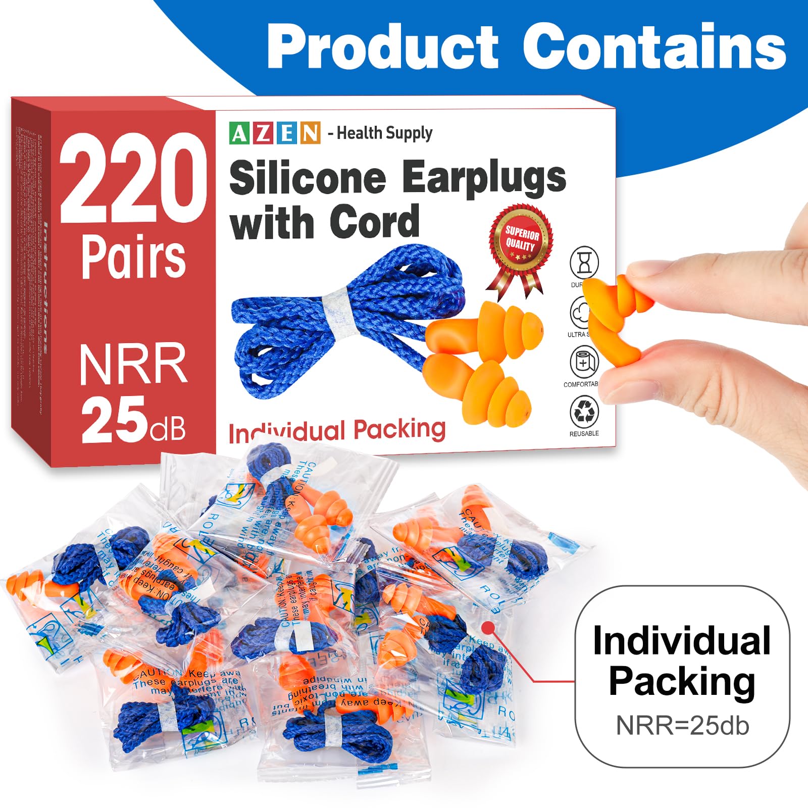 AZEN 220 pares de tapones de silicona para los oídos, tapones reutilizables para reducción de ruido, tapones para los oídos con cable NRR de 25 dB para cancelación de ruido para dormir, tapones para