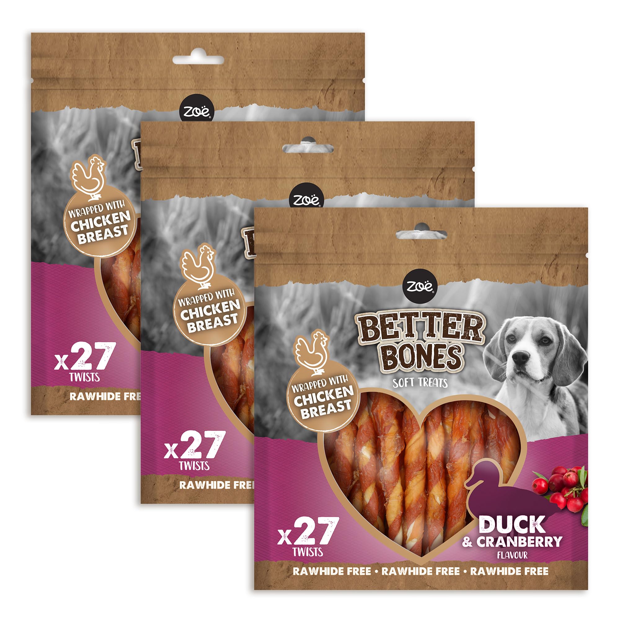 Zoë Better Bones Soft Dog Treat Chews, Pouch of Rawhide-Free, Chicken-Wrapped Twist Dog Training Chews - Duck & Cranberry Flavour, 3 Bags of 27 pcs