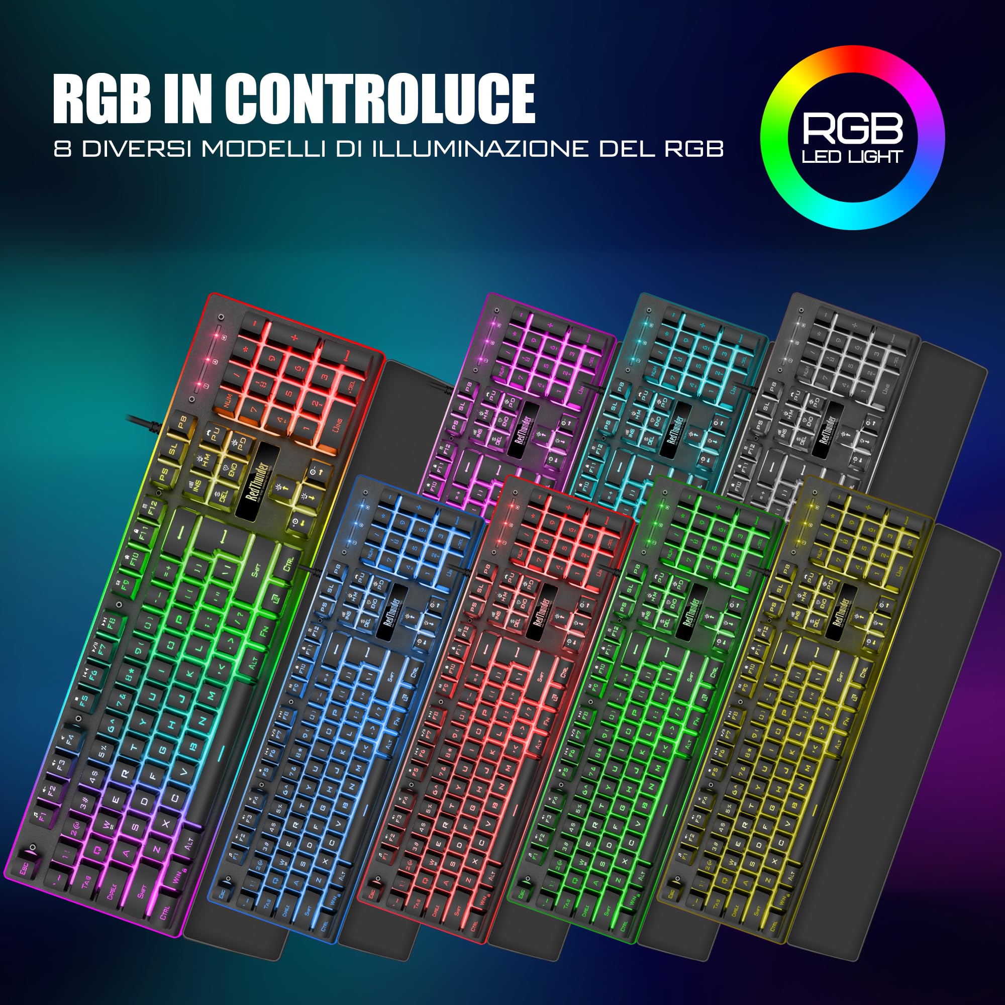 RedThunder K10 Set di Poggiapolsi in Pelle 3-in-1, Retroilluminazione Dinamica RGB + Sensazione Meccanica, Tasti Anti Ghosting + Mouse 7D 7200DPI, Layout IT, Giocatori PC - Nero