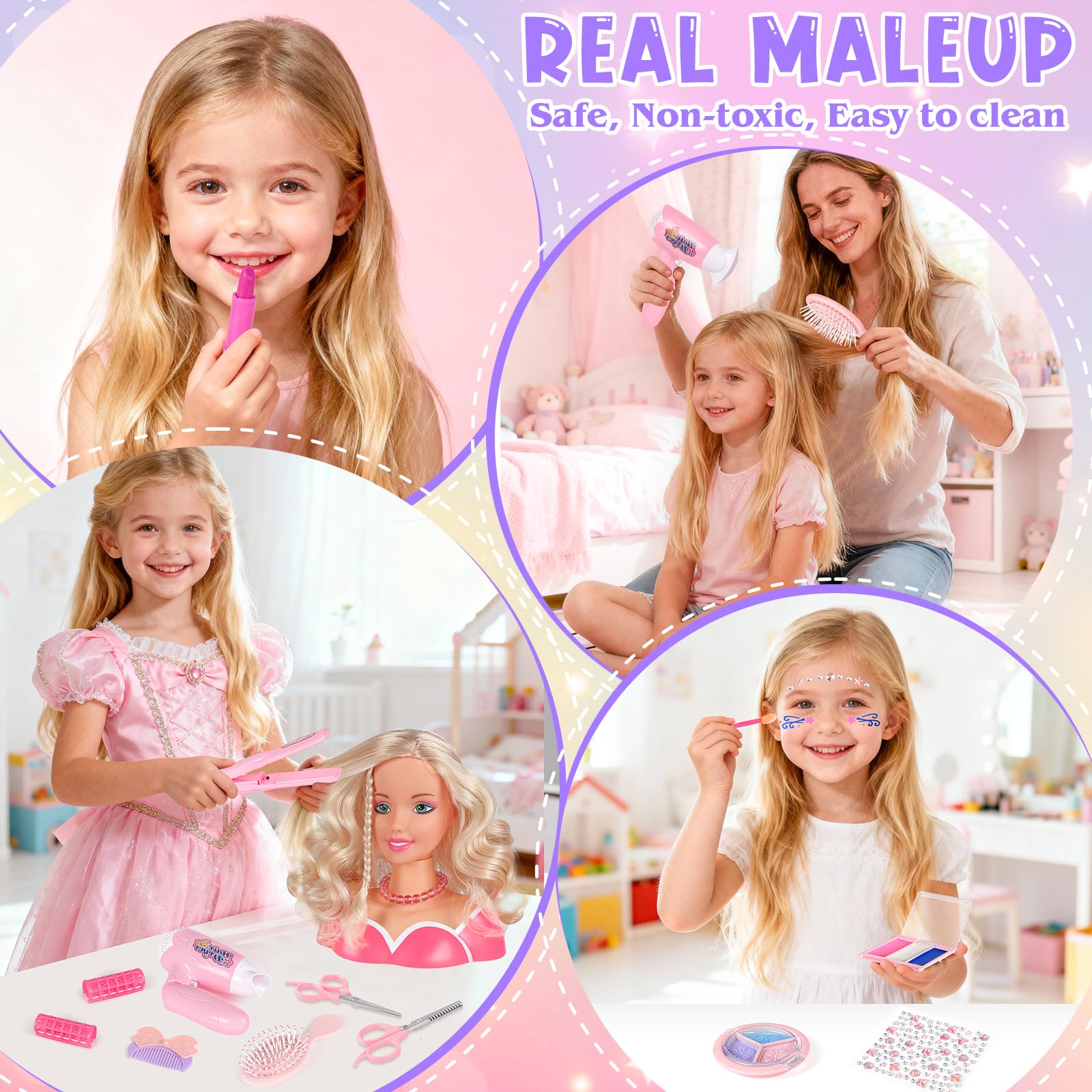 44Pcs Hair Styling Doll Head Toys for Girls, Kids Makeup Hair Salon Pretend Play Styling Kit with Hairdryer, Straightener, Beauty Hair Toy Christmas Birthday Gift for Toddler Girls 3 4 5 6+