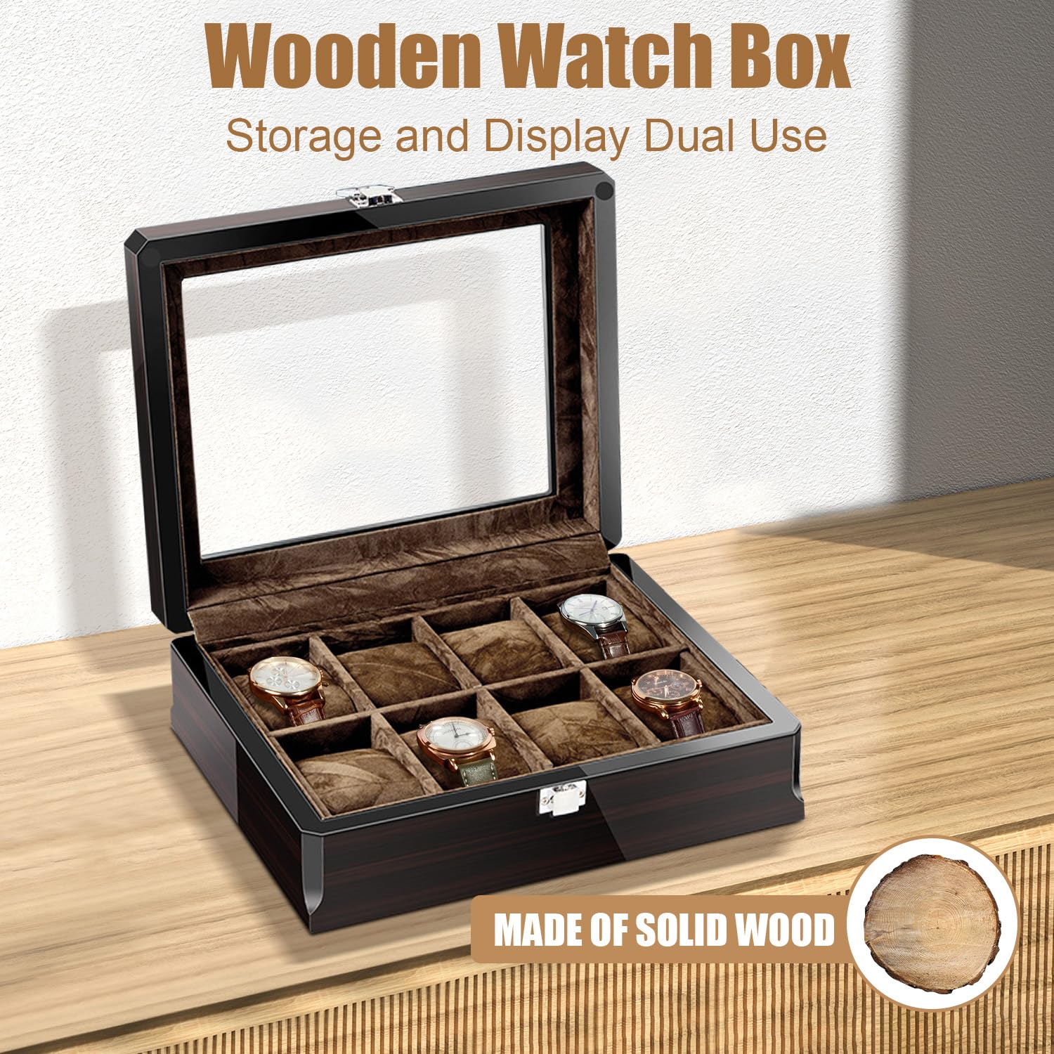 Caja de reloj con 8 ranuras, organizador de caja de reloj, tapa de cristal grande, caja de reloj clásica de ébano para hombres, caja de exhibición de reloj con almohada extraíble, regalo para