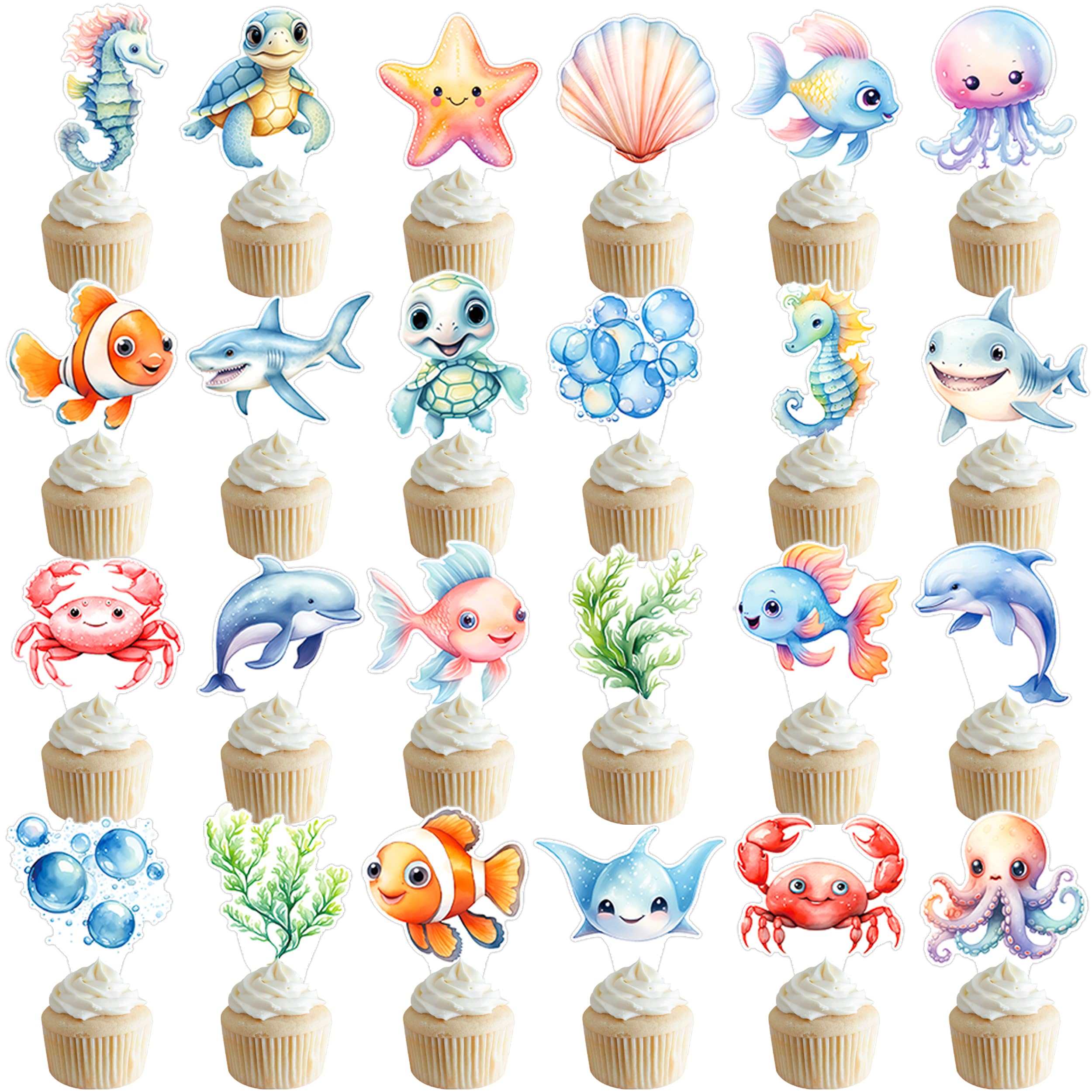 48Pcs Sea Animal Cupcake Toppers Ocean Sea Animal Birthday Party Decoration Under The Sea Cupckae Toppers for Ocean Sea Theme Birthday Baby Shower Supplies Under The Sea Party Decorations