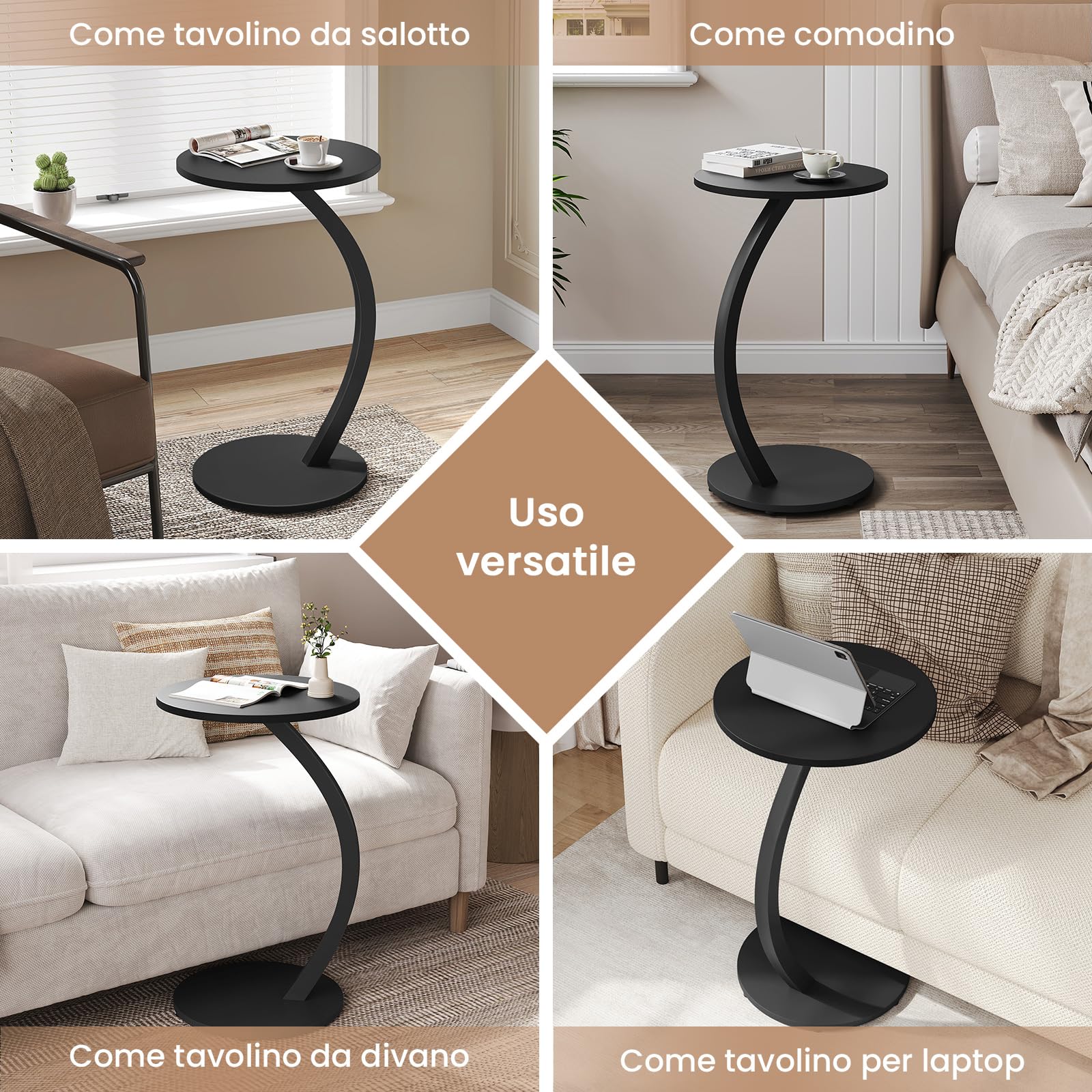 WOLTU Tavolino Rotondo a Forma di C, Tavolino per Divano Letto, con Struttura in Metallo Piano in MDF, φ40xH65 cm, Nero, BTS21sz