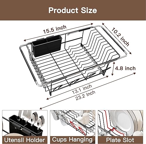 Miniatura 2 de Estante de secado de platos expandible sobre el fregadero en acero inoxidable para cocina pequeña, estante de secado de platos moderno y compacto de