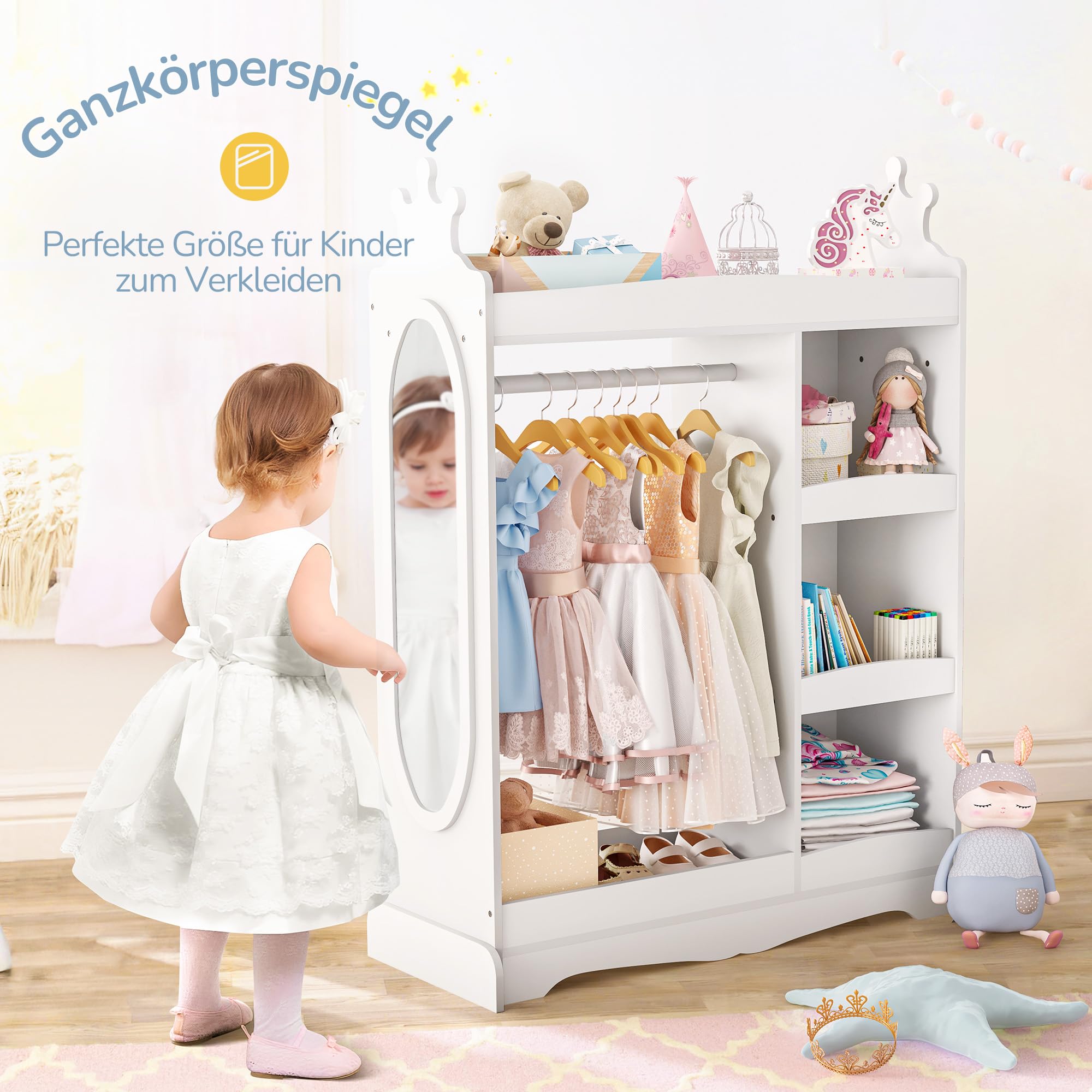 LUE BONA Kindergarderobe,Kinderkleiderschrank mit Spiegel und Kleiderstange,Kindergarderobe mit 3 Haken und 3 offener Ablagen,Kinder Kleiderschrank aus Holz für Kinderzimmer,85 x 34 x 112 cm,Weiß