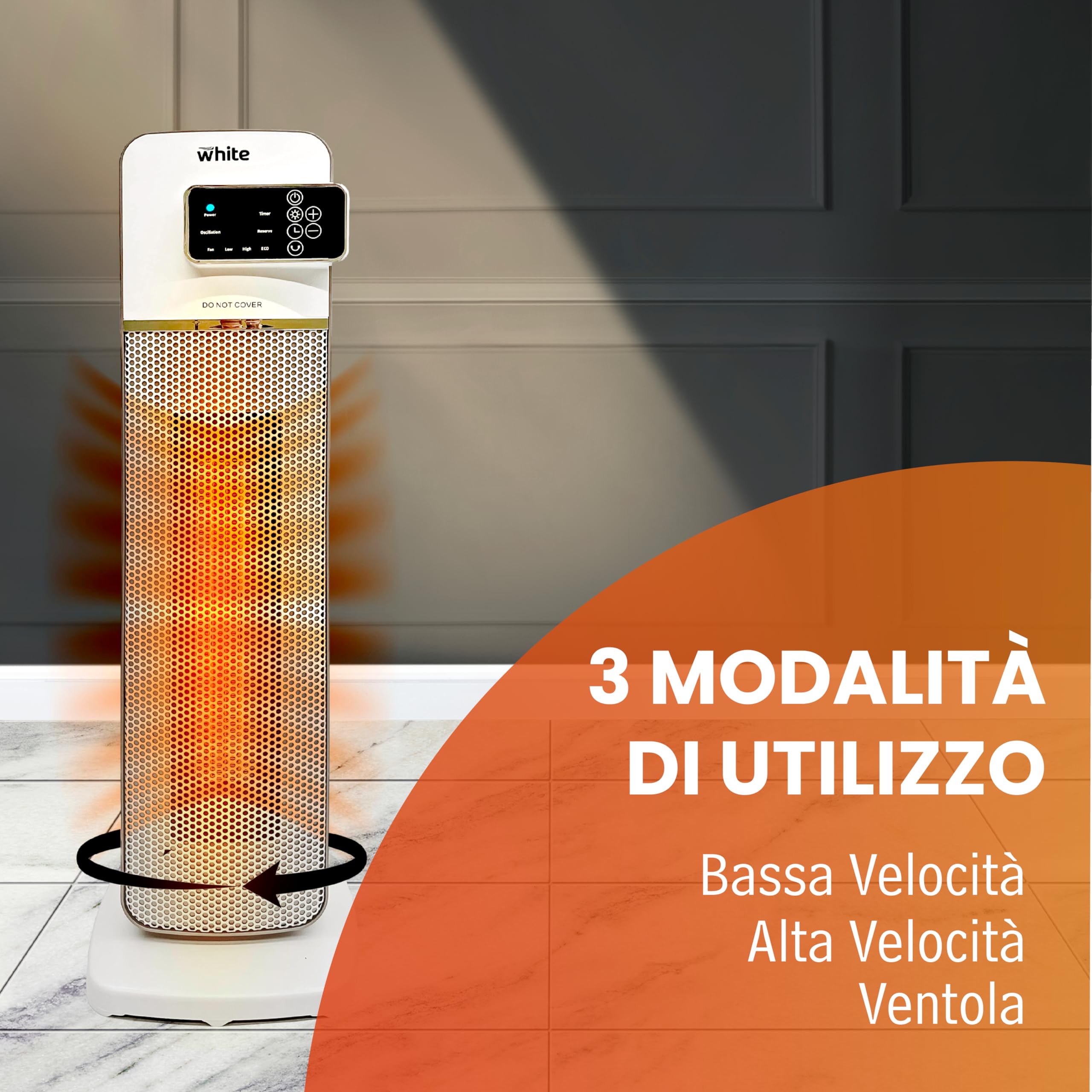 White - Ceramiczna kuchenka elektryczna PTC, Kuchenka elektryczna 2000W Z Pilotem, Grzejnik elektryczny 3 poziomy, regulator czasowy, Automatyczna oscylacja, Wyświetlacz LED Ekran Dotykowy