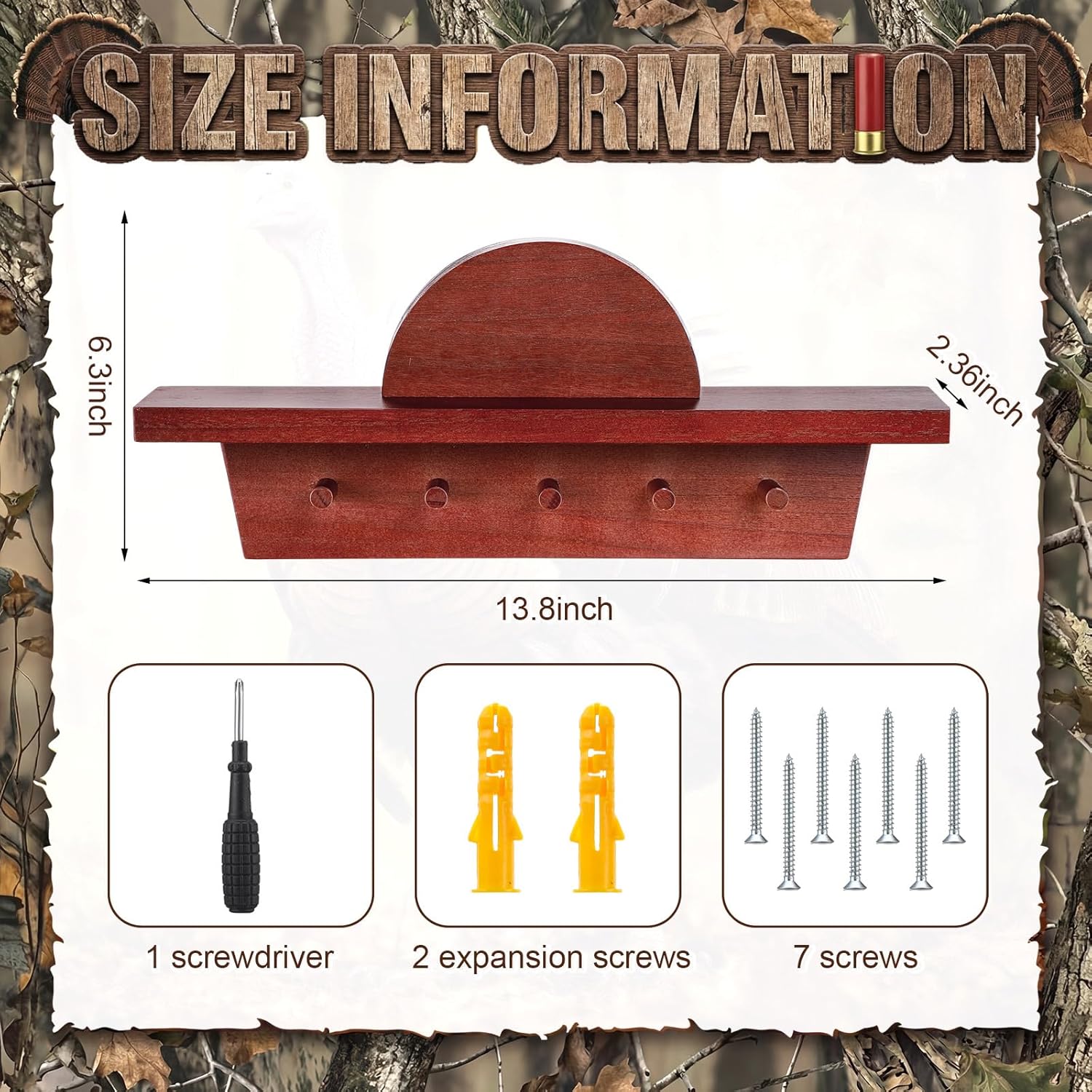 4 Pcs Turkey Fan Mount Kits with 5 Display Hooks, Wooden Wall Mount Turkeys Mounts Hunting Accessories, Ideal Gift for Hunters Friends, Easy to Assemble with Hardware(Mahogany Color)