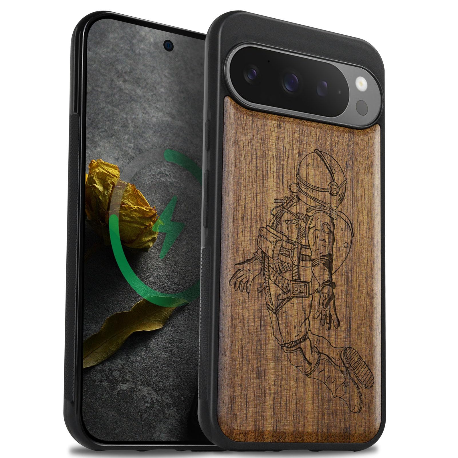 Carveit Magnetic Wooden Case for Pixel 9 Pro Google 9 Pro Case, Wood Artisan Engraved & Soft TPU Shockproof Cover, Compatible with MagSafe Wireless