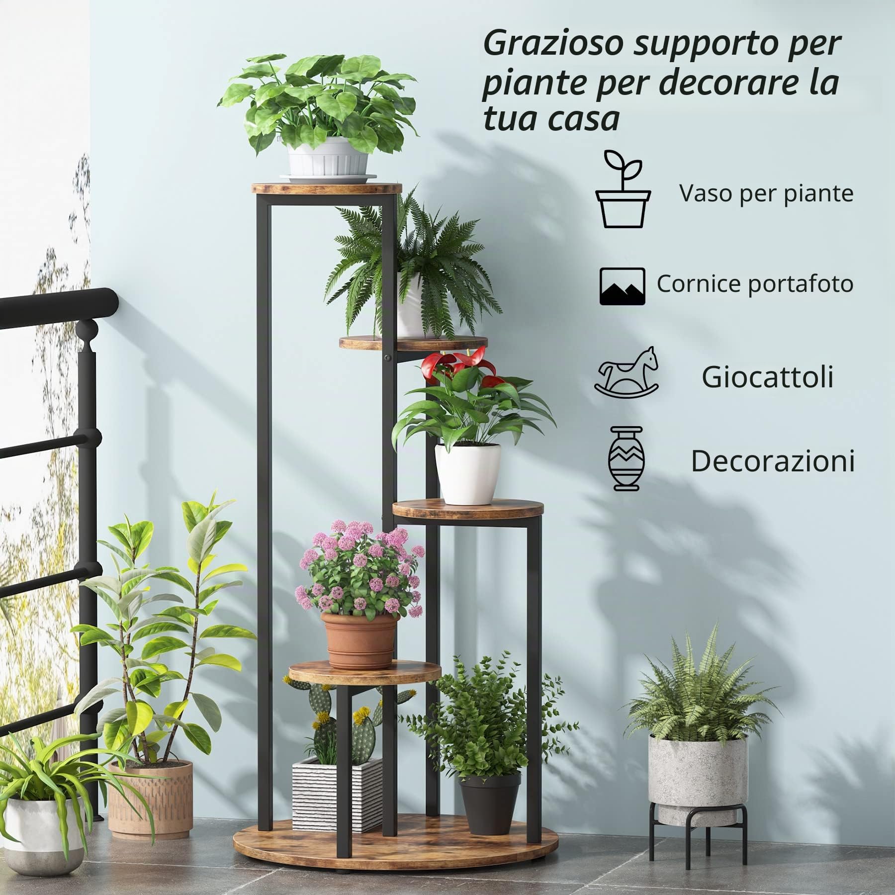 Tribesigns Supporto angolare per piante da interno, scaffale alto a 4 ripiani, per più piante in vaso, supporto per vasi da fiori in legno con struttura in metallo, per balcone, giardino, patio,