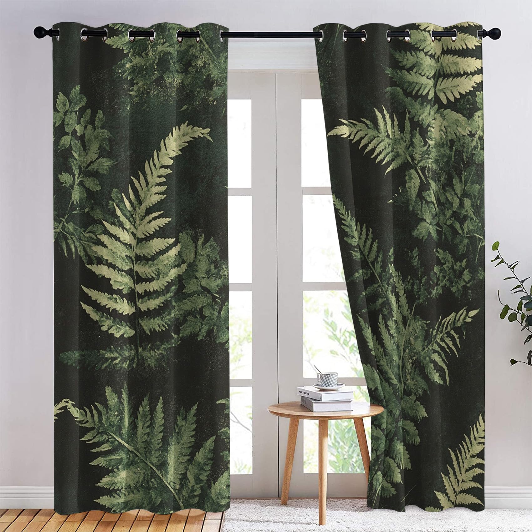 Rideau Occultant Fougère Verte - Décoration Botanique, Rideau Thermique Motif Feuille Botanique Nature Plante, Lot de 2 Rideaux Opaque à Oeillets pour Fenetre Chambre Salon, 140x260 cm (LxH)