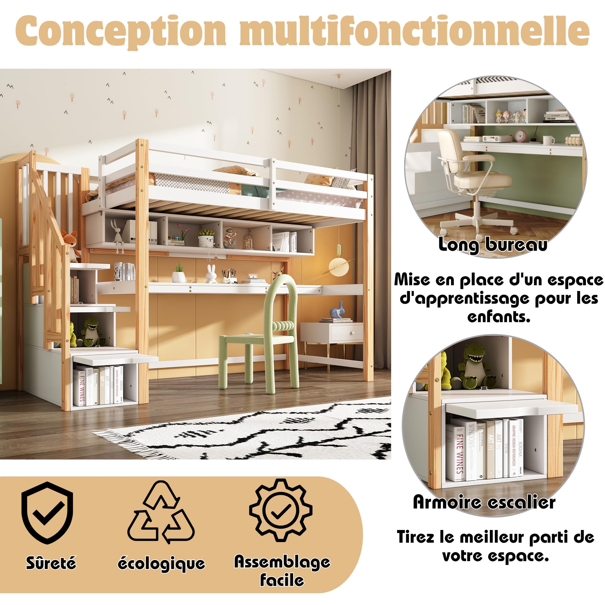Merax Lit Mezzanine 90 x 200 cm, avec Grand Bureau et Escaliers de Rangement, Lit Enfant avec Étagères de Stockage, pour Garçon et Fille, Blanc et Bois (sans Matelas)